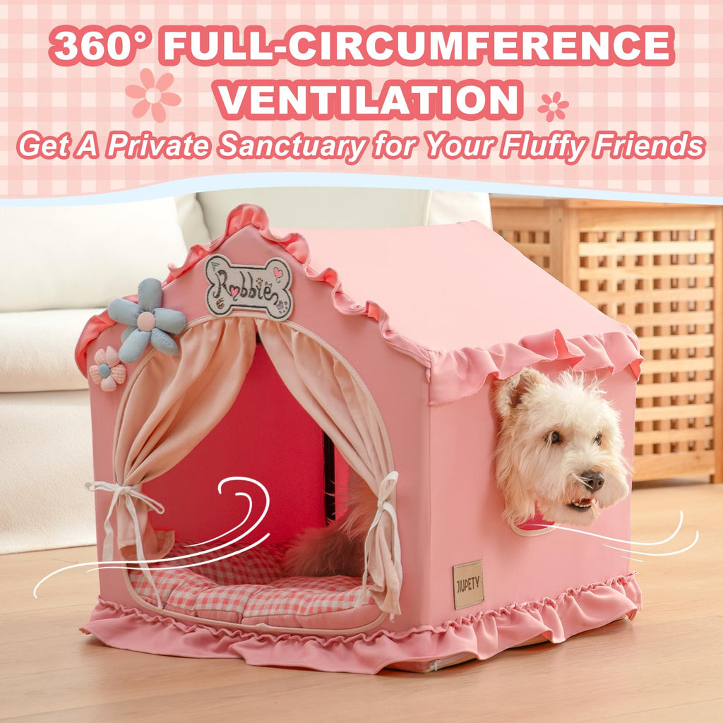 Jiupety Indoor Dog House with Frame, Cute Dog Tent Bed with Cover Cave, Breathable, Washable, and Foldable House, Suitable for 10-20 Lb Puppy and Cats, Medium (17"×17"×17"), Beige