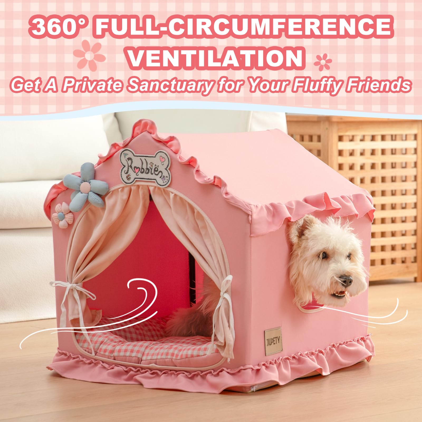 Jiupety Indoor Dog House with Frame, Cute Dog Tent Bed with Cover Cave, Breathable, Washable, and Foldable House, Suitable for 10-20 Lb Puppy and Cats, Medium (17"×17"×17"), Beige
