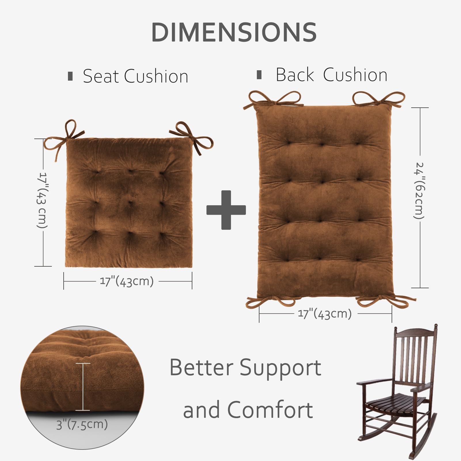 ELFJOY Rocking Chair Cushion Large Rocking Chair Pads with Ties Premium Tufted High Back and Seat Cushion 2 Piece Set Black