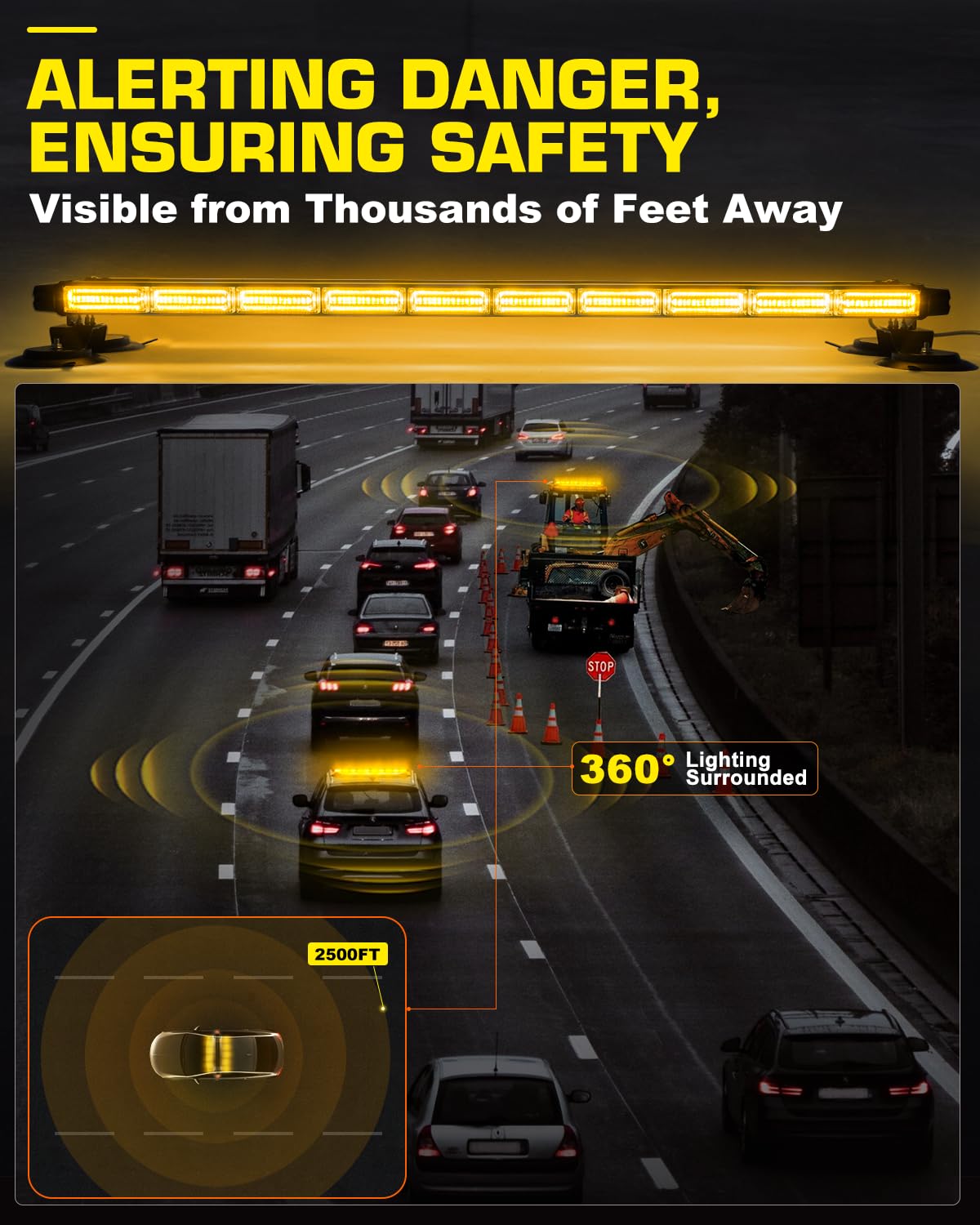 42" Roof Top Strobe Light Bar Amber White Emergency Traffic Advisor Lights, Double Side Warning Safety Flashing w/Magnetic Mount for Construction Vehicles Plow Trucks Pickup, Amber/White