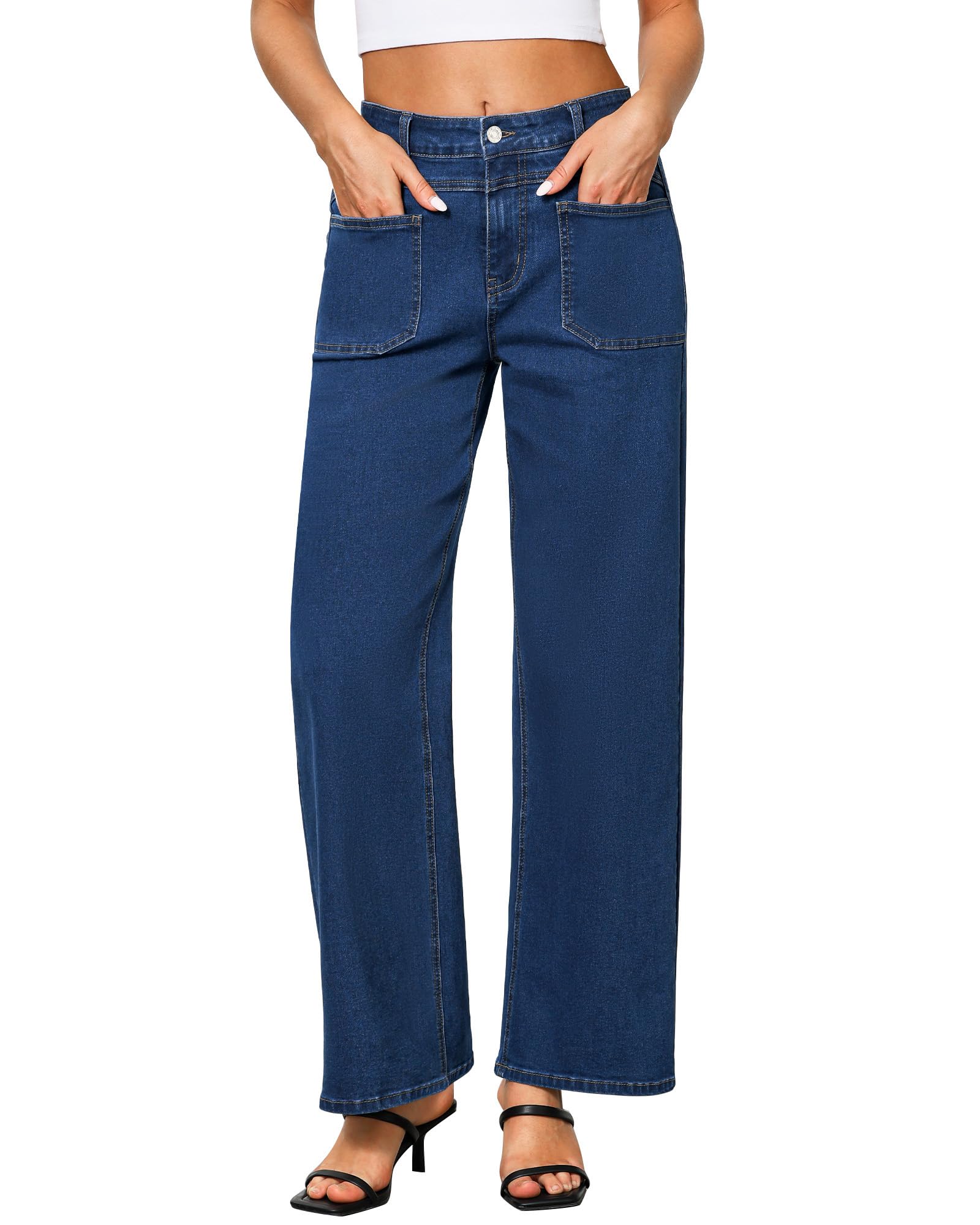 GRAPENT Wide Leg Jeans for Women Trendy High Waisted Loose Straight Leg Stretchy Retro Denim Pants with Pouch Pockets