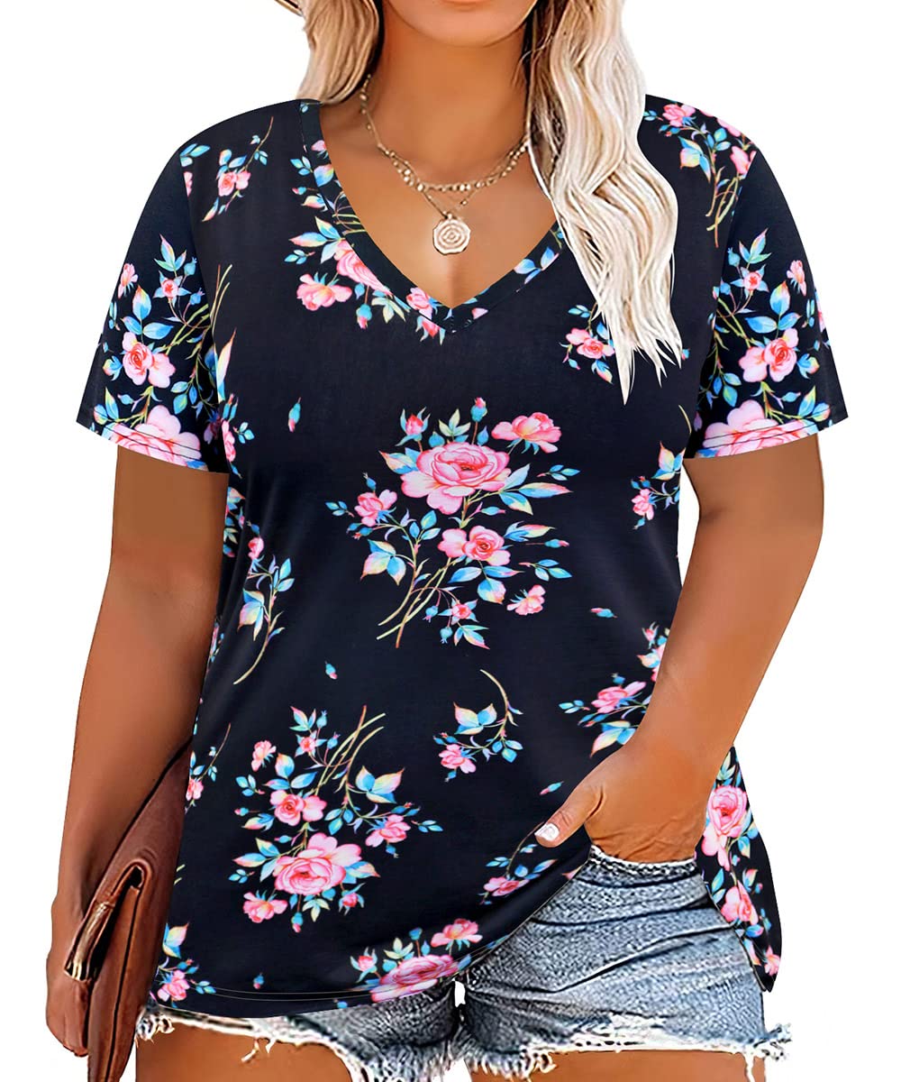 CARCOS Womens Plus Size Tops Short Sleeve Shirts V Neck Tunic Floral/Aniaml Blouses XL-5X
