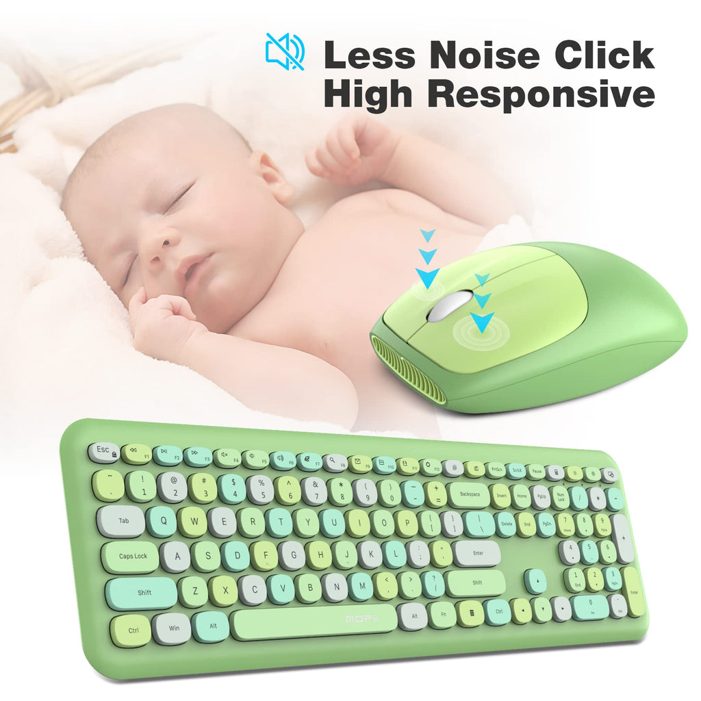 MOFII Wireless Keyboard and Mouse Combo, Compact Typewriter Retro Round Computer Keyboard and Mouse Set, Plug and Play, for Windows, Computer, Desktop, PC, Notebook - Black Green Gradient