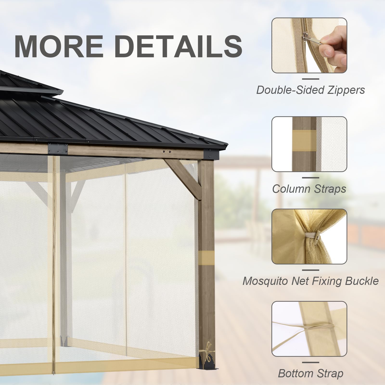 BPS 10' x 10' Gazebo Universal Mosquito Netting Screen Replacement, 4-Panel Mesh Screen Walls with Double Zippers for Outdoor Patio, Khaki (Mosquito Net Only)