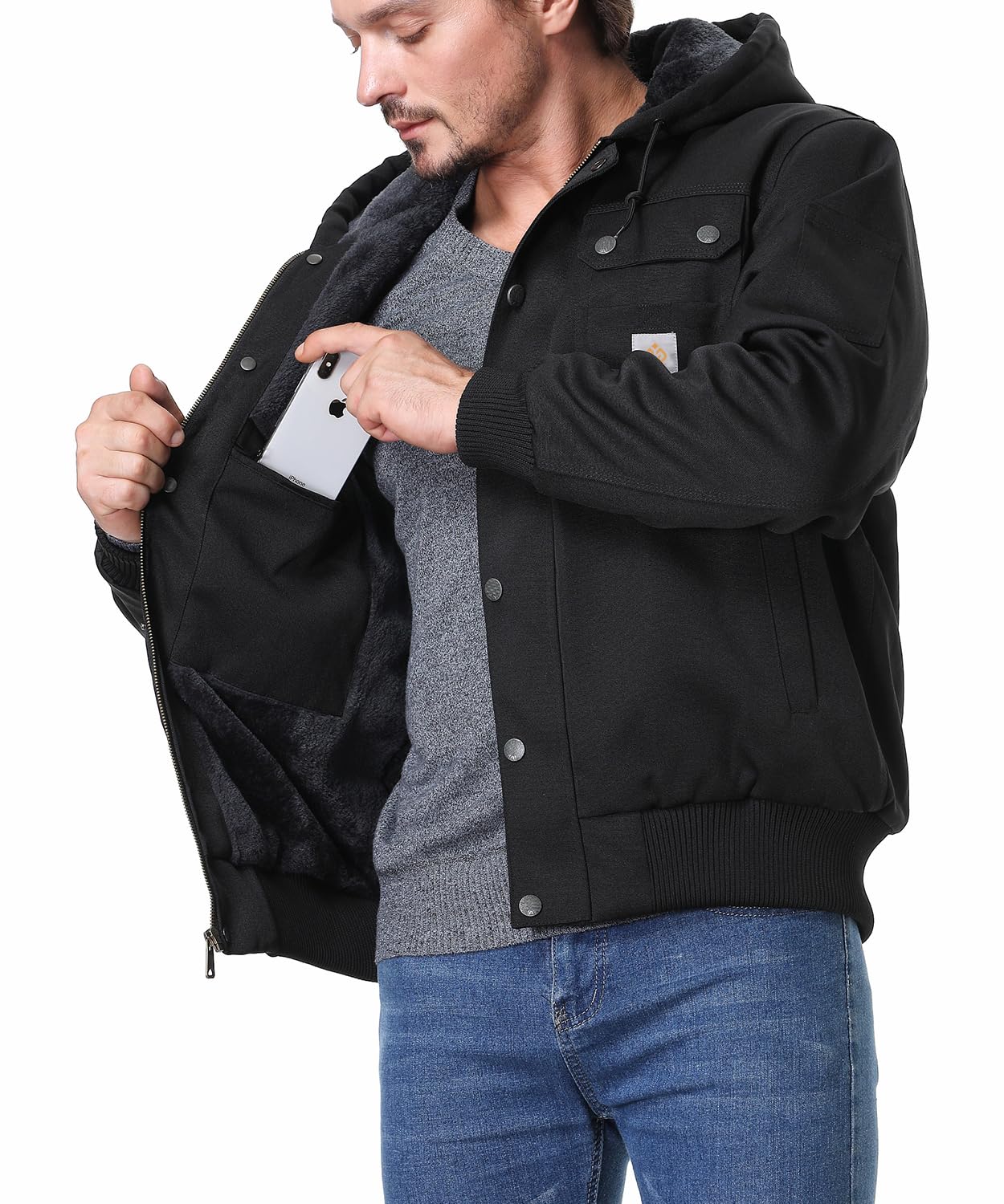 TUAOVA Men's Fit Relaxed Work Coat Fleece Lined Waterproof Workwear Winter Hooded Jacket with Multiple Pockets