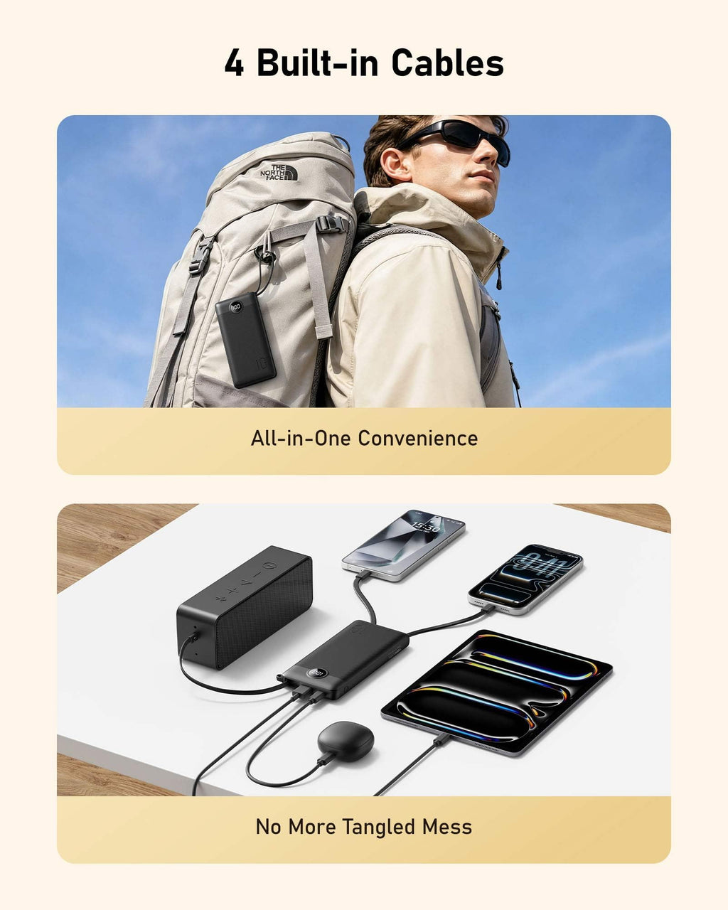 VEEKTOMX Portable Charger with 4 Built-in Cables — 10000mAh Slim Power Bank, USB-C Battery Pack with iPhone & Micro USB, TSA Approved Travel Charger for iPhone, Samsung, Android