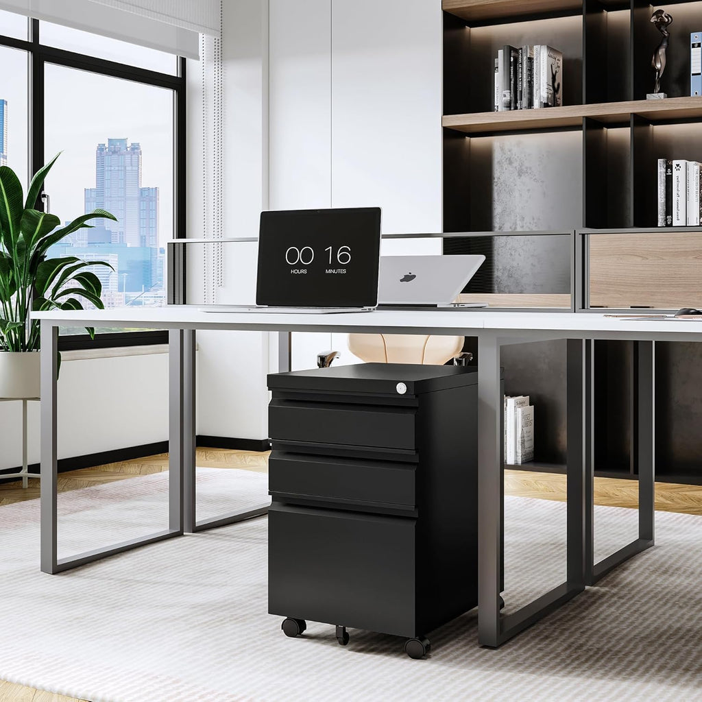 Letaya 3 Drawer Mobile File Cabinet with Lock,Under Desk Metal Small Filing Cabinets for Home Office Organizer Letters/Legal/A4(Fully Assembled Except Wheels-Black)