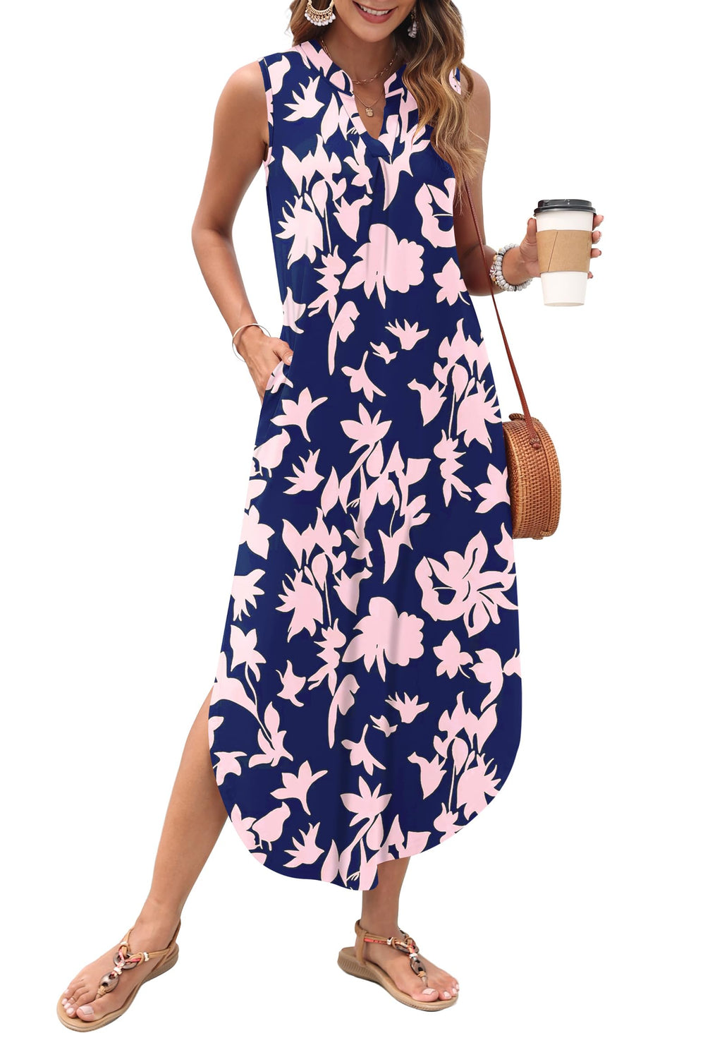 AUSELILY Womens Summer Casual Maxi Dresses 2026 Sleeveless Long Beach Dresses V Neck Loose Sundresses with Side Split Pockets