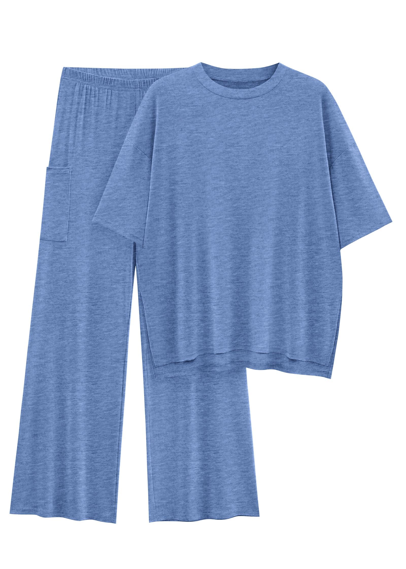 KIRUNDO 2 Piece Lounge Sets for Women Airport Travel Vacation Outfits Summer Casual Loose Short Sleeve Tops & Wide Leg Pants
