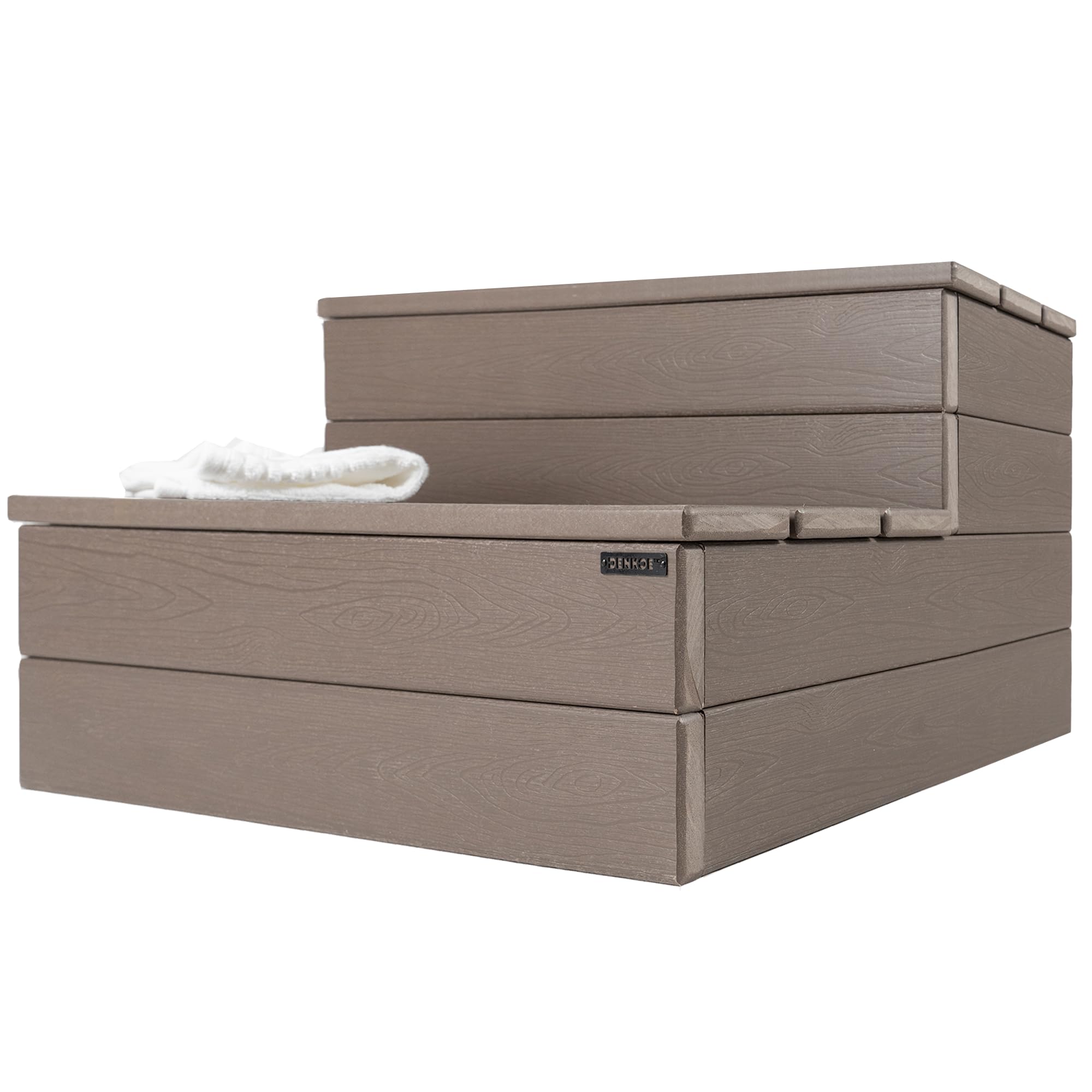DENKOE Hot Tub Steps - Wood Looking Plastic - 100% Waterproof - Brown Non Slip, Heavy Duty, Multi Use as Porch Steps, Hot Tub Stairs, Outdoor Stairs, Fits Any Spa Size