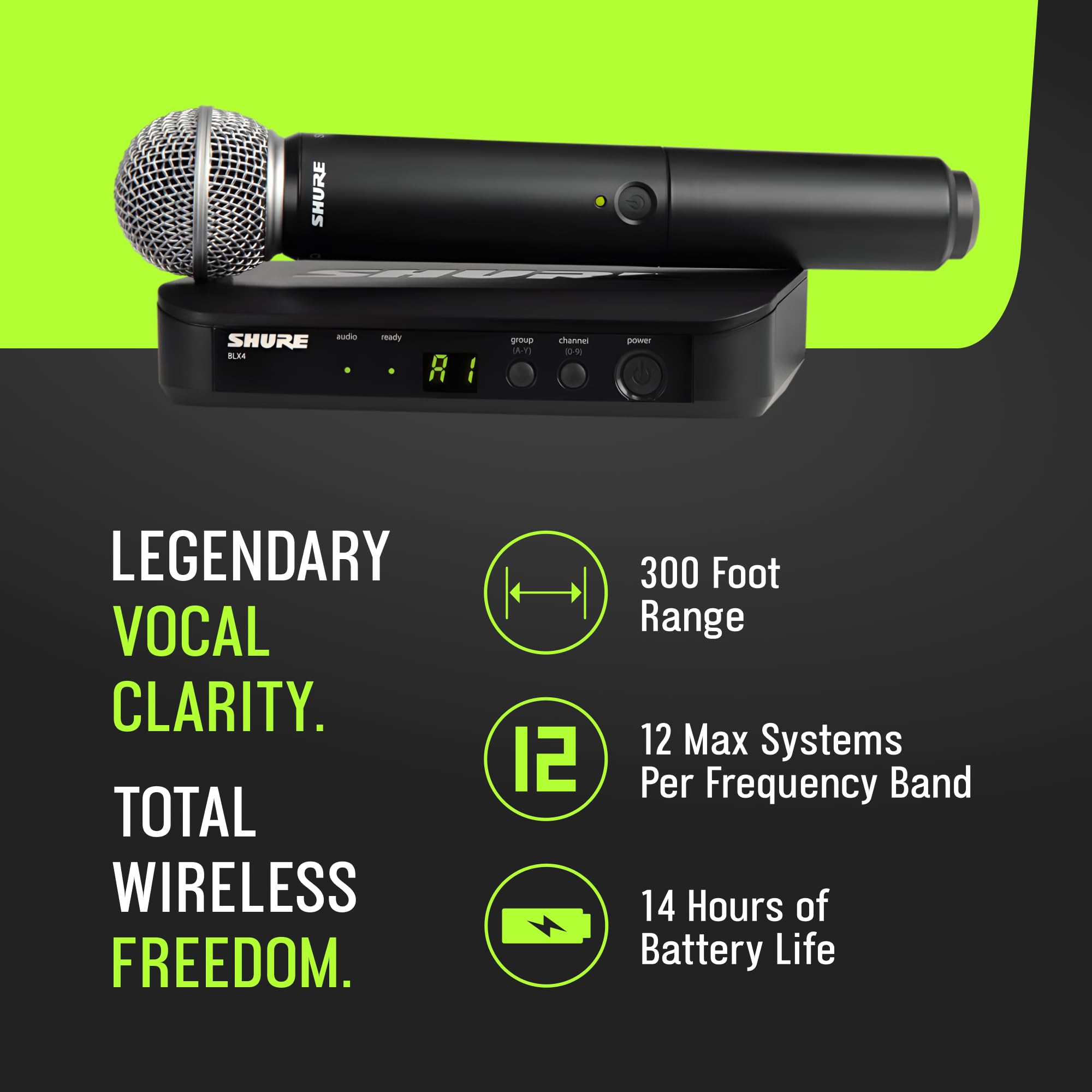 Shure BLX24/SM58 Wireless Microphone System - 14-Hour Battery Life, 300 ft Range, UHF | Includes SM58 Handheld Vocal Mic, Single Channel Receiver | H9 Band (BLX24/SM58-H9)