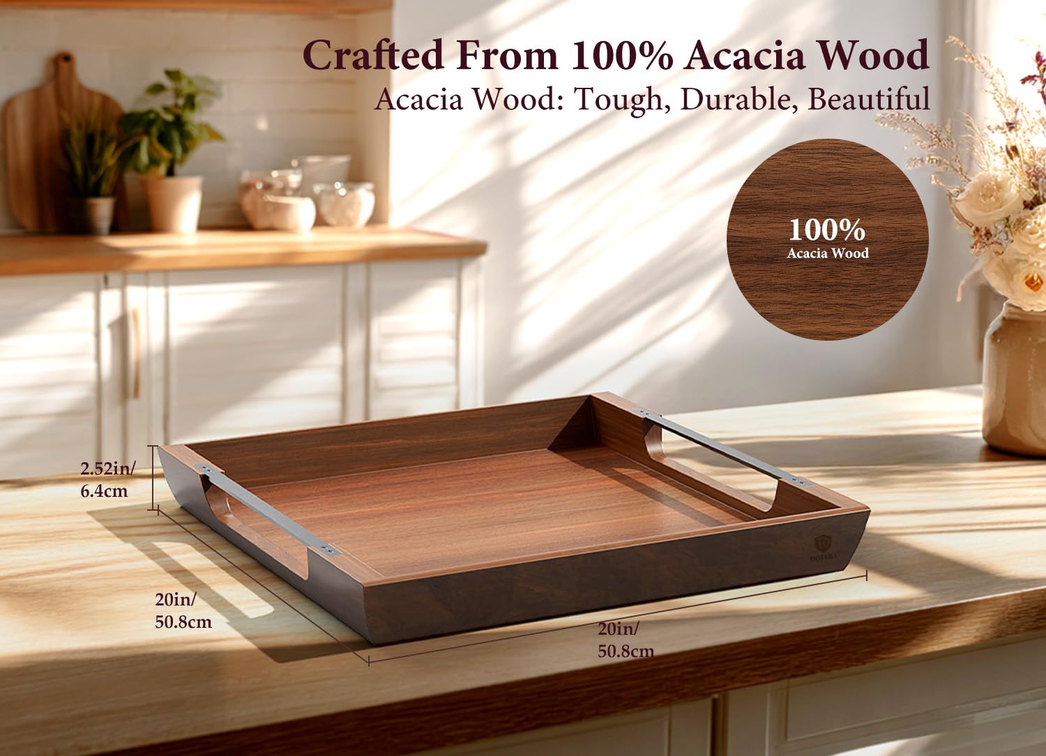 Acacia Wood Serving Tray with Metal Handles, 17x13in Food Drinks Tray for Coffee Table, Breakfast, Dinner & Bar, Rustic Decorative Storage Tray for Ottoman, Kitchen, Elegent Gift for Father