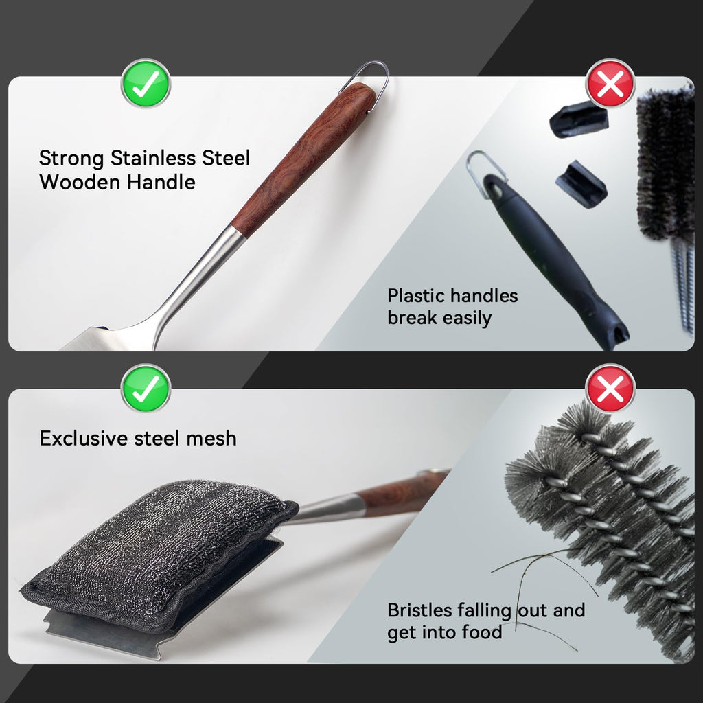 Bristle-Free Steam Cleaning Grill Brush — Features an Extended Luxurious Rosewood Handle and a Unique Wavy pad that Seamlessly fits cast Iron and Stainless Steel grates