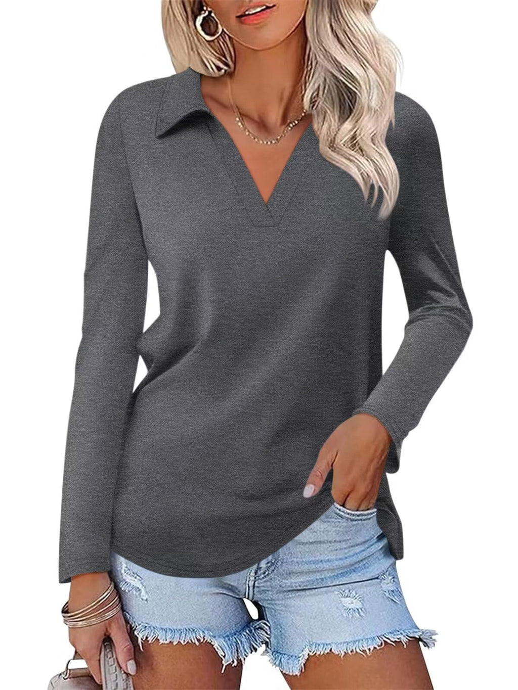 ORANDESIGNE Women's Long Sleeve Polo Shirts Casual Color Block V Neck Tops Fall Collar Ladies Tunics Tees