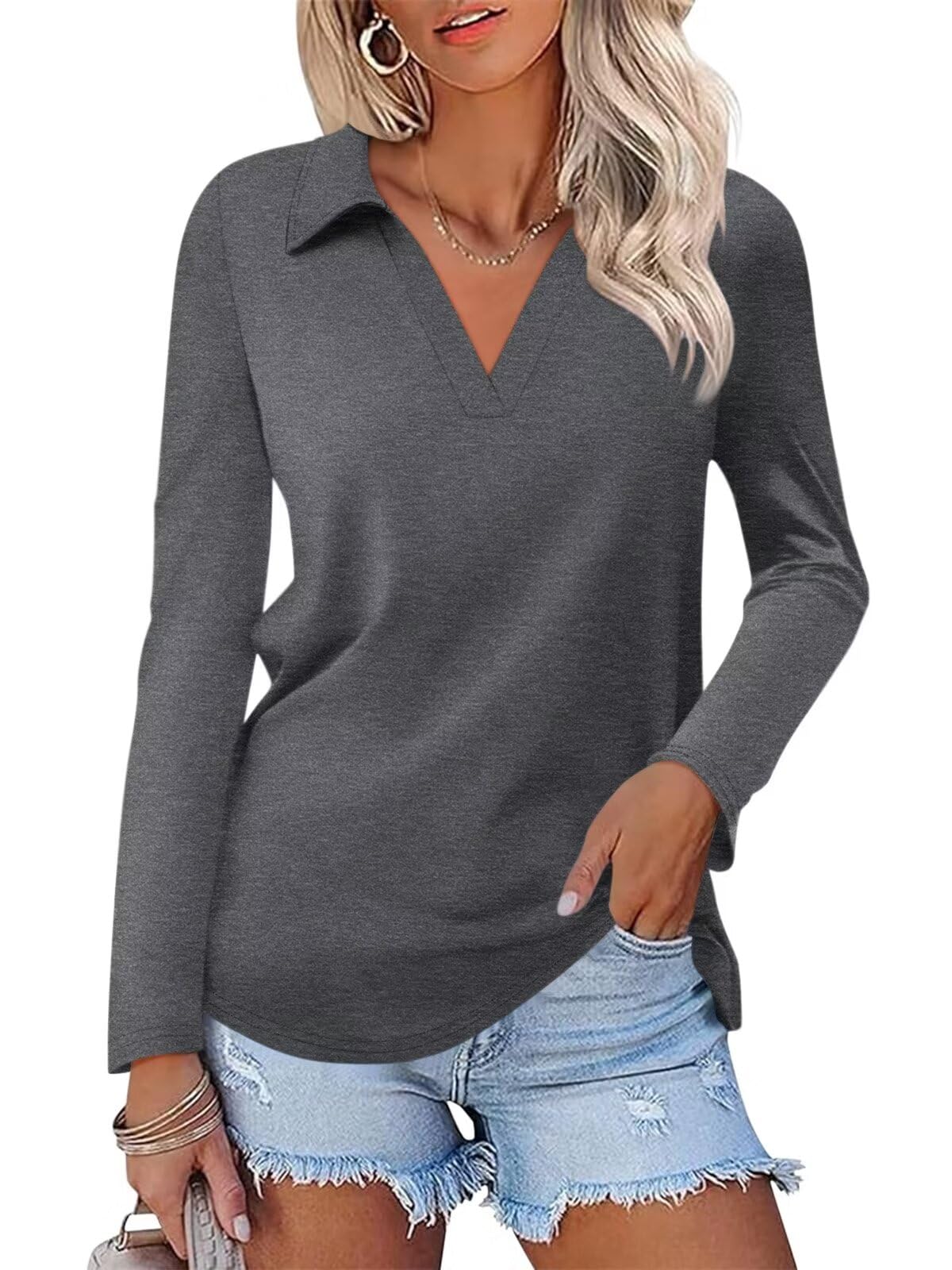 ORANDESIGNE Women's Long Sleeve Polo Shirts Casual Color Block V Neck Tops Fall Collar Ladies Tunics Tees
