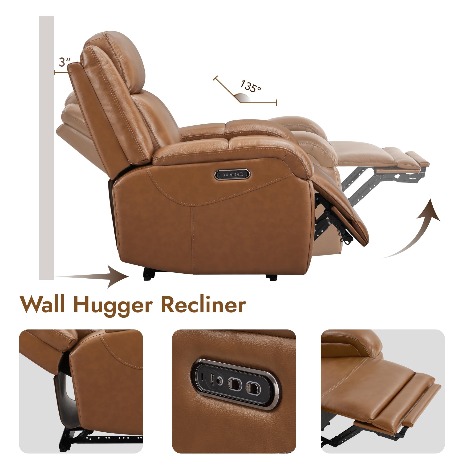 Watson & Whitely Genuine Leather Power Recliner Chairs for Adults, Wall Hugger RV Recliner with Power Headrest & Charging Ports, Electric Recliner Sofa Chair for Living Room, Black