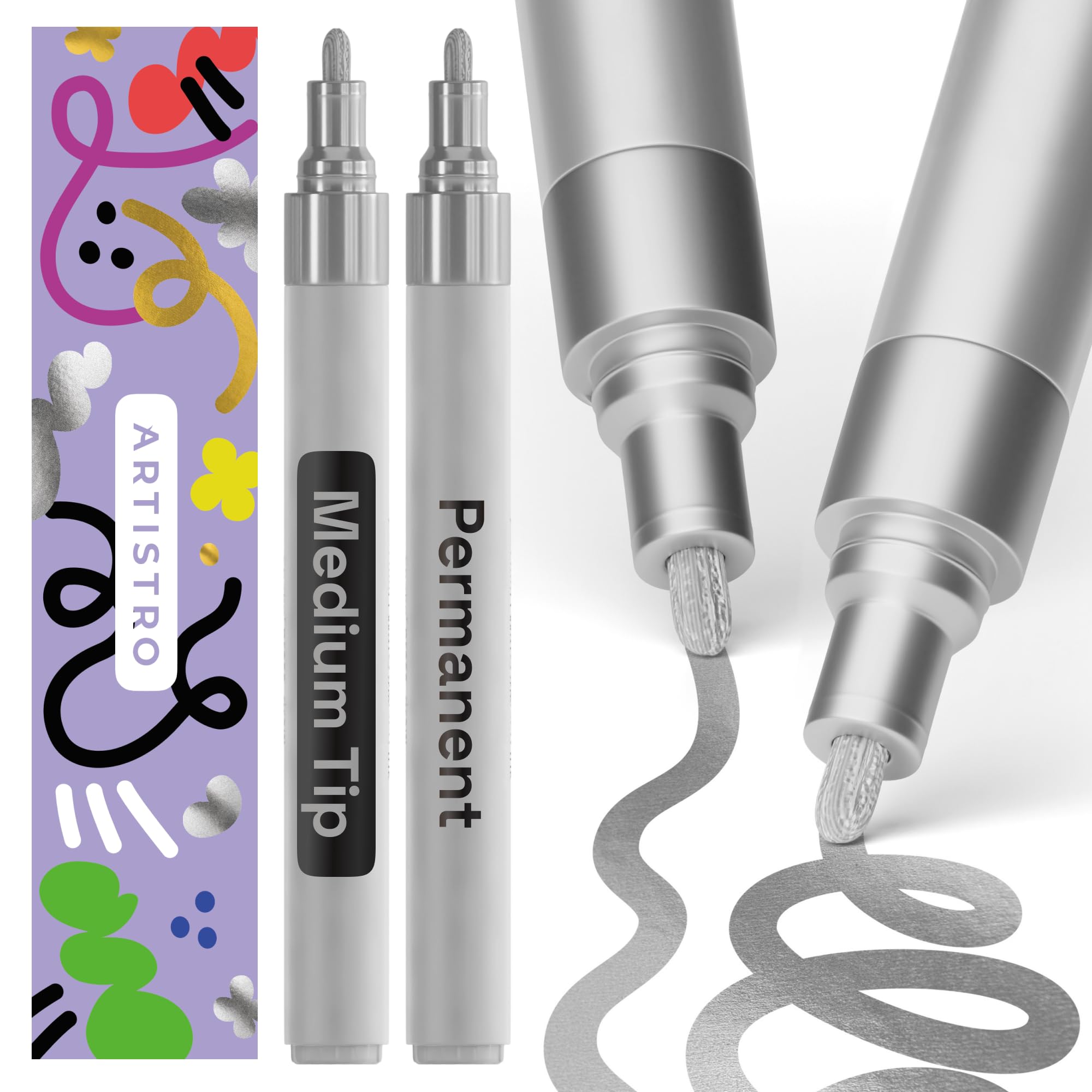 ARTISTRO 2 Black Permanent Marker - Waterproof Markers for Tire, Fabric, Rocks, Glass, Ceramic, Wood, Paper - Oil Based Paint Pens - Medium Tip 3mm