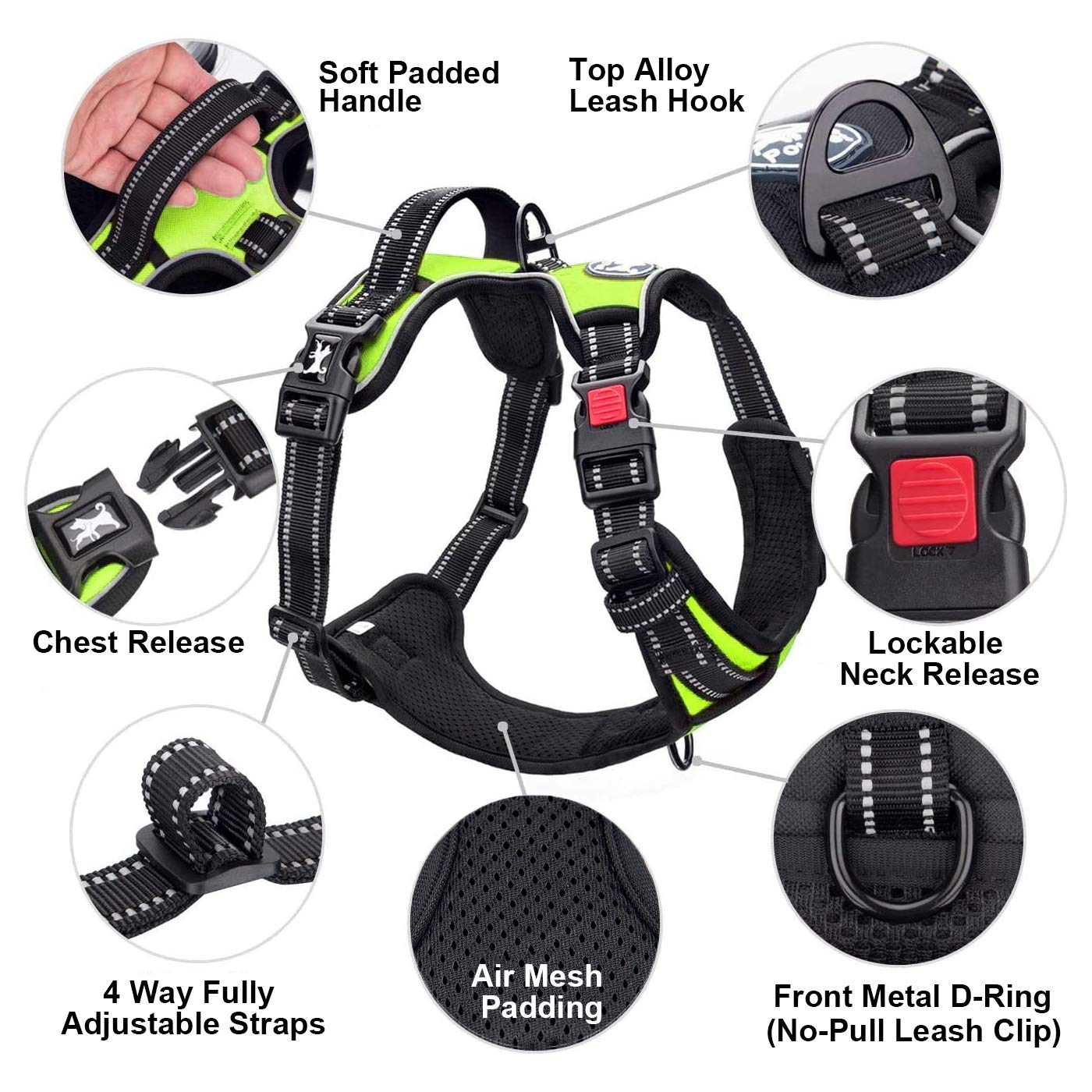 PoyPet No Pull Dog Harness, No Choke Front Lead Dog Reflective Harness, Adjustable Soft Padded Pet Vest with Easy Control Handle for Small to Large Dogs(Black,XS)