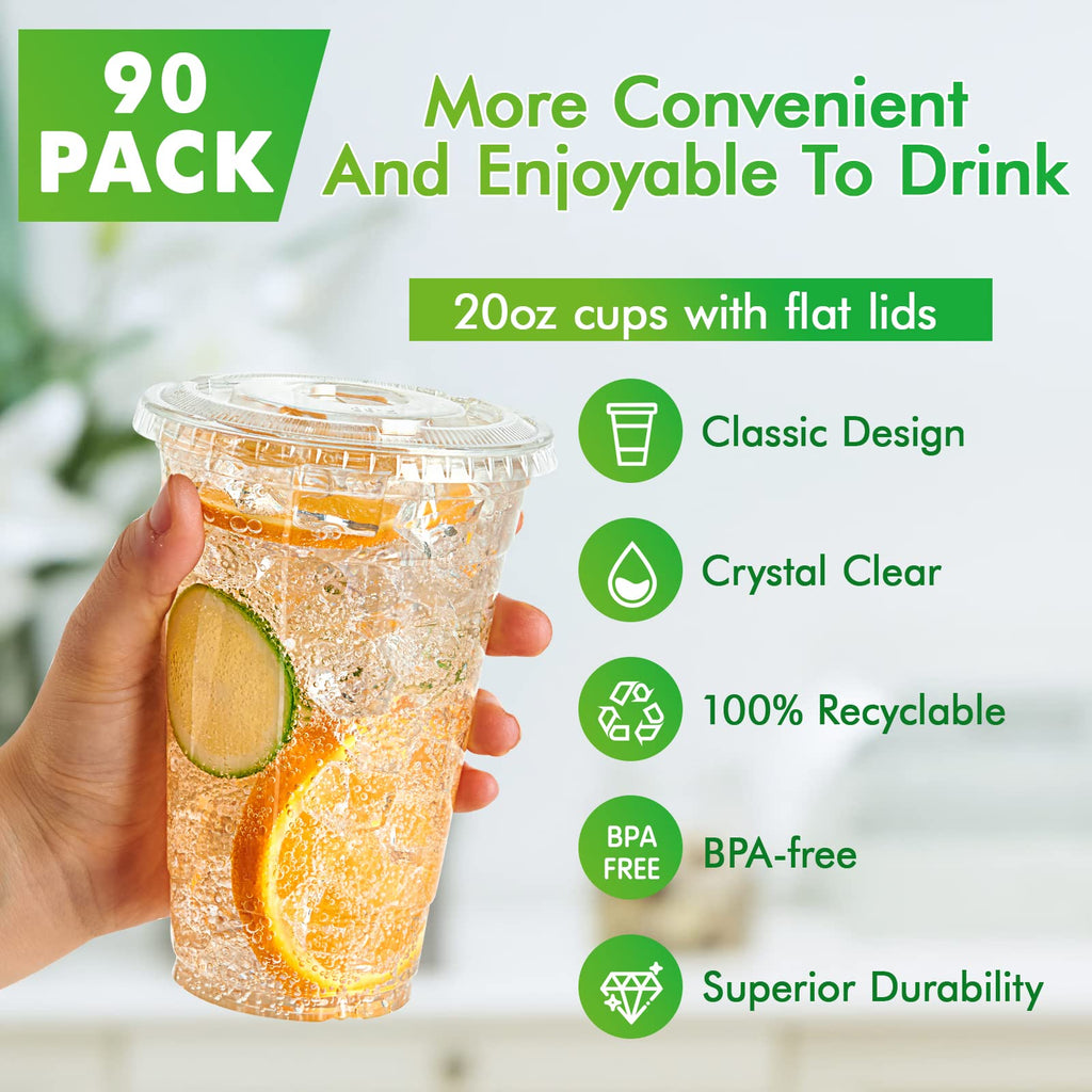 Lilymicky 200 Sets 10 oz Clear Plastic Cups With Flat Lids, 10 Ounce Disposable Drinking Cups for Smoothie, Slurpee, or Any Cold Drinks