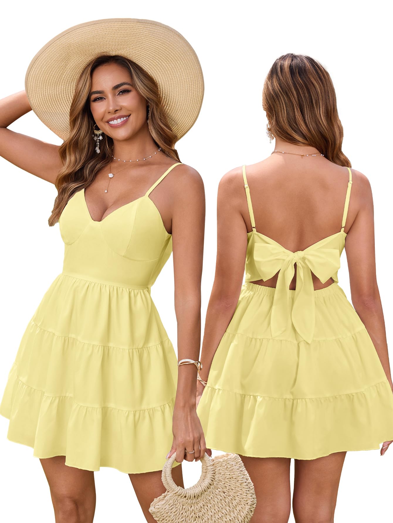 HTZMO Women Casual Summer Floral Mini Sundress V Neck Bow Tie Backless Flowy Cute Graduation Boho Beach Short Dress