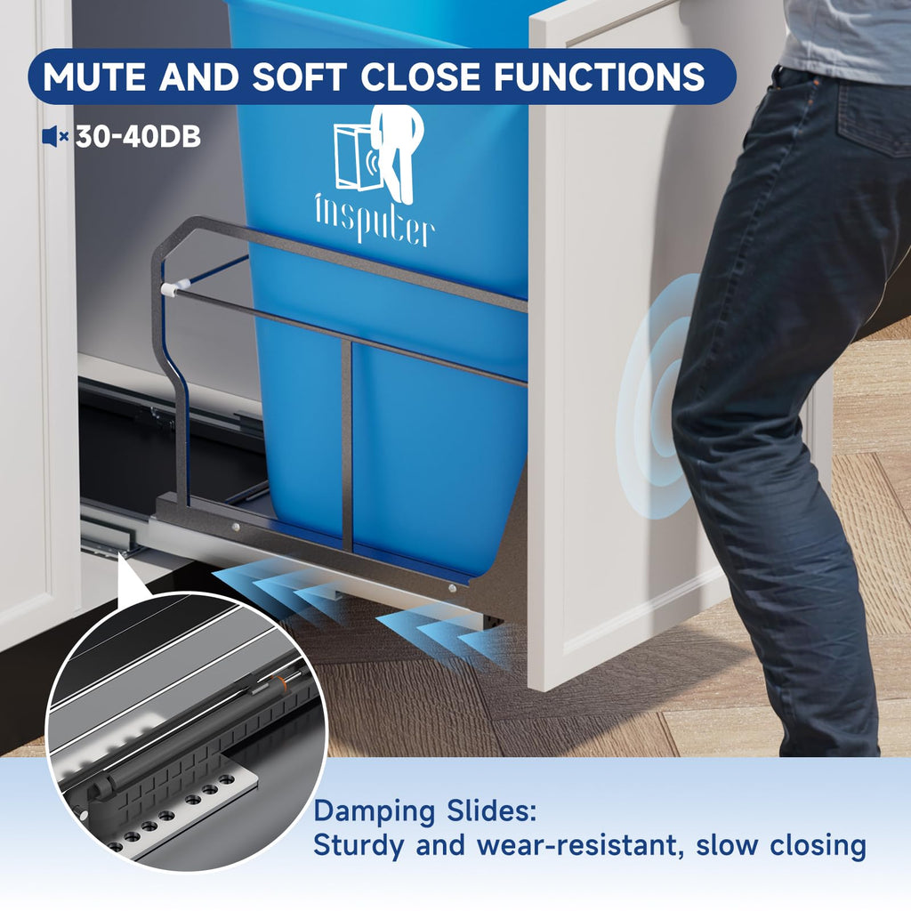 Insputer Pull Out Trash Can Under Cabinet with Push to Open Slides, Heavy Duty Under Sink Garbage Can Kit for Kitchen, Laundry, Not Included Bin, Requires 15" W X 18" D Cabinet (Grey)
