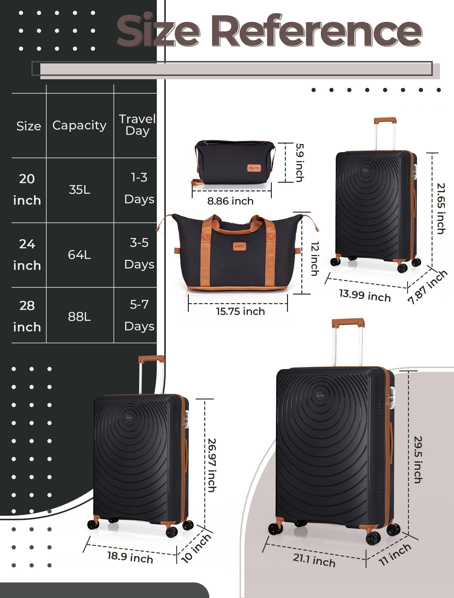 CONCEPTEN Luggage Sets,Suitcases with Wheels, Hardshell Suitcase Set, PP Carry on Luggage Set with TSA Lock, Travel Luggage (Black, Bag Type)