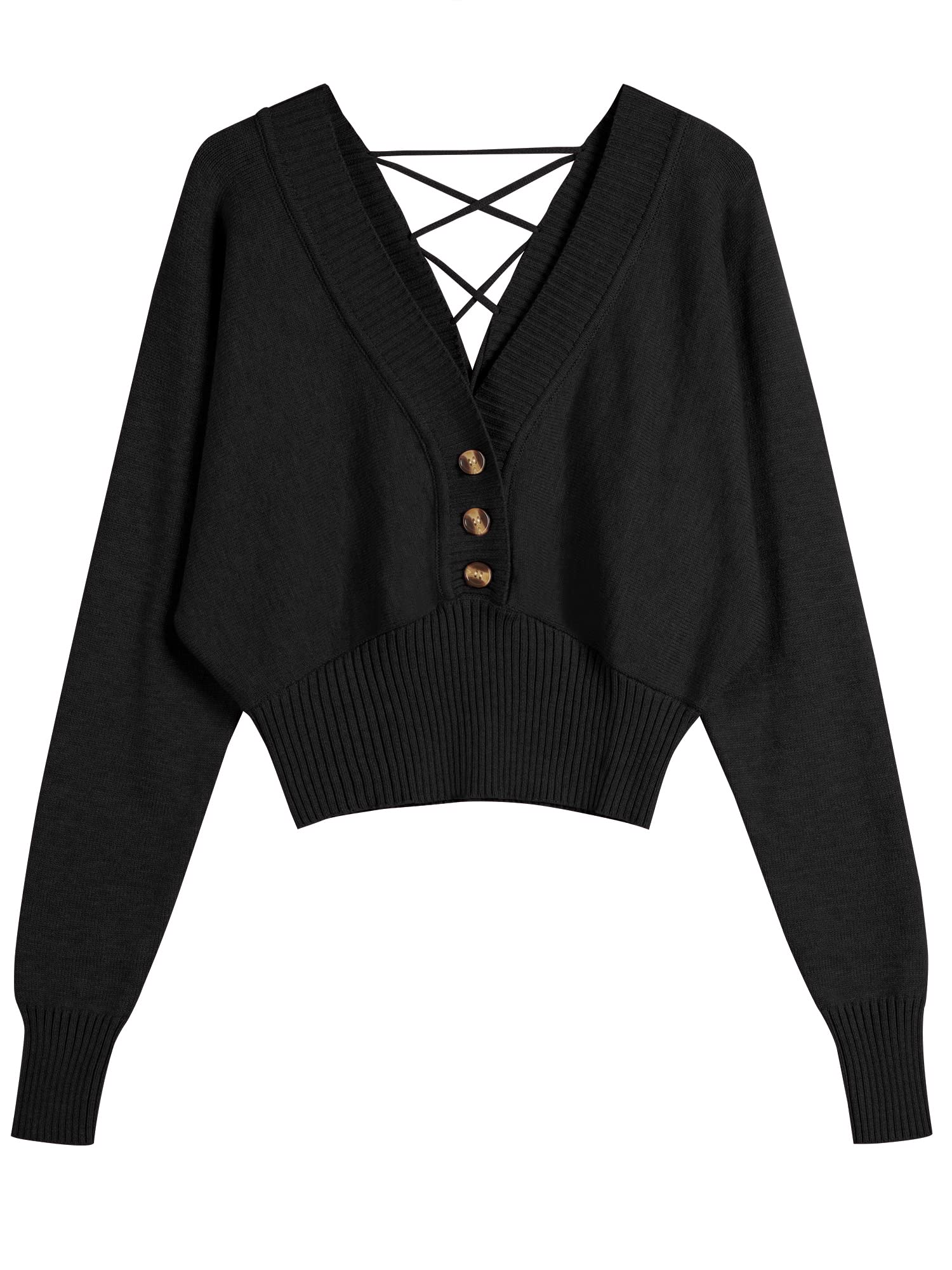 ZAFUL Women V Neck Button Knit Crop Sweaters Batwing Sleeve V Back Ribbed Hem Pullover Sweater