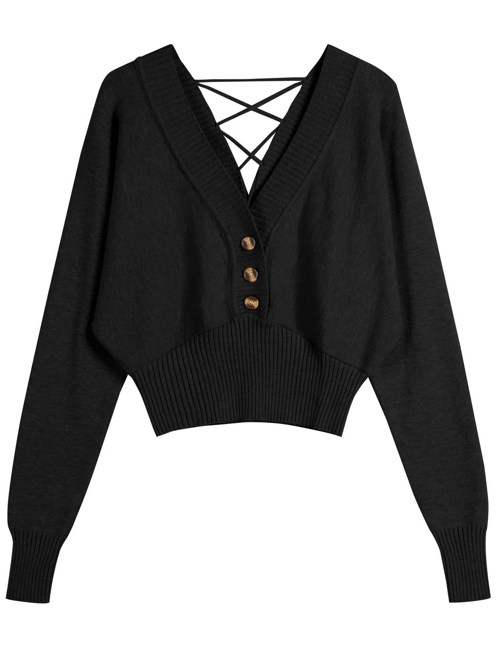 ZAFUL Women V Neck Button Knit Crop Sweaters Batwing Sleeve V Back Ribbed Hem Pullover Sweater