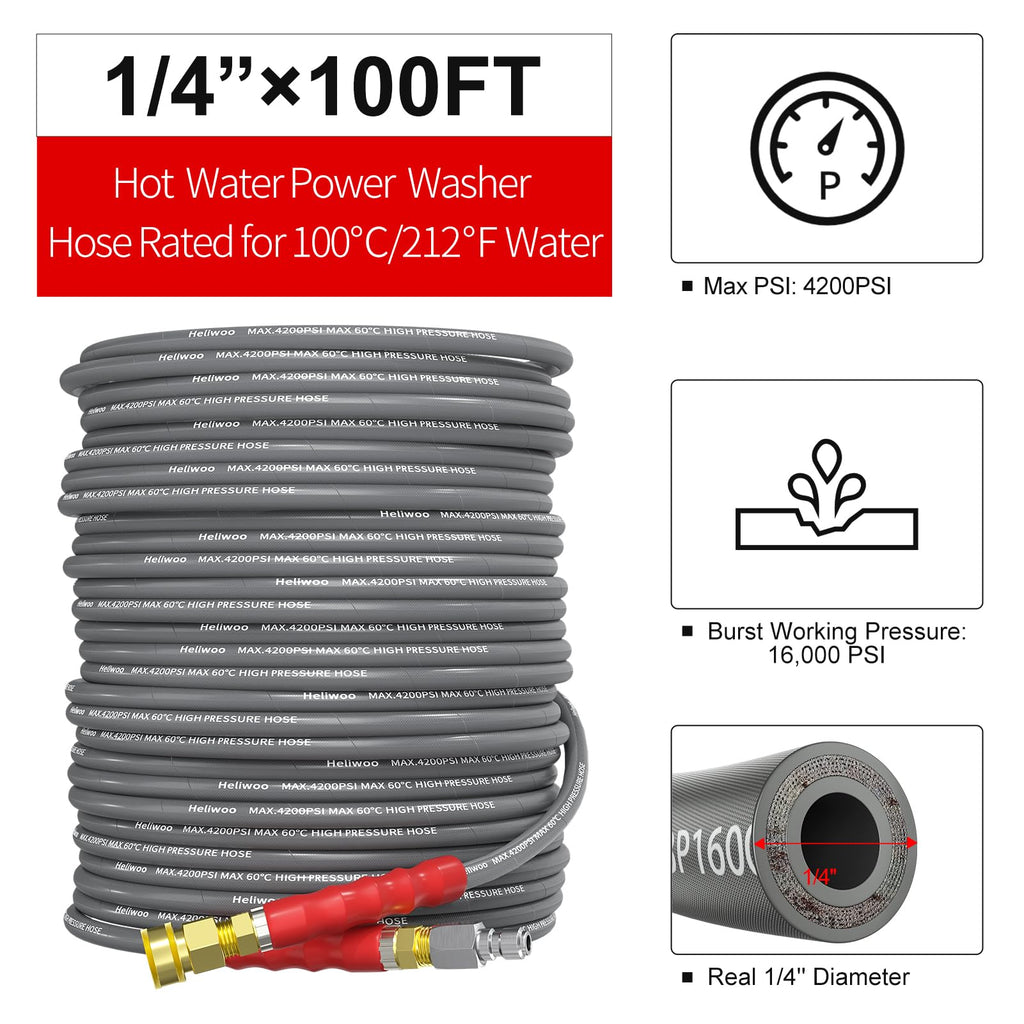 Pressure Washer Hose 25FT, 4200PSI High Tensile Wire Braid Kink Resistant Power Washer Extension Hose, 1/4'' Flexible Replacement Hose with M22-14mm Brass Swivel Thread and 3/8 Quick Connect