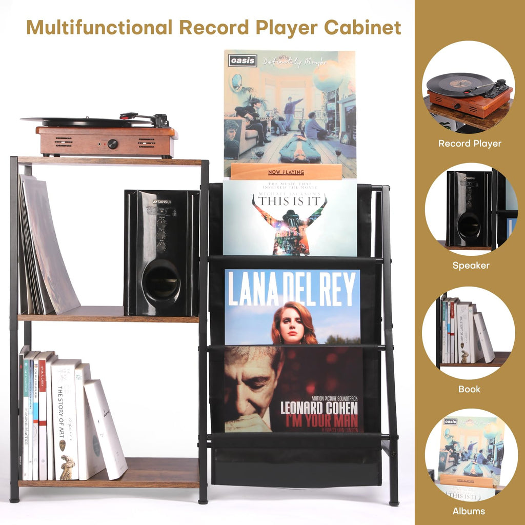 HYCFYJR Record Player Stand, 3-Tier Vinyl Record Storage, Turntable Stand with Now Playing Holder, Vinyl Display for Living Room, Grey & White