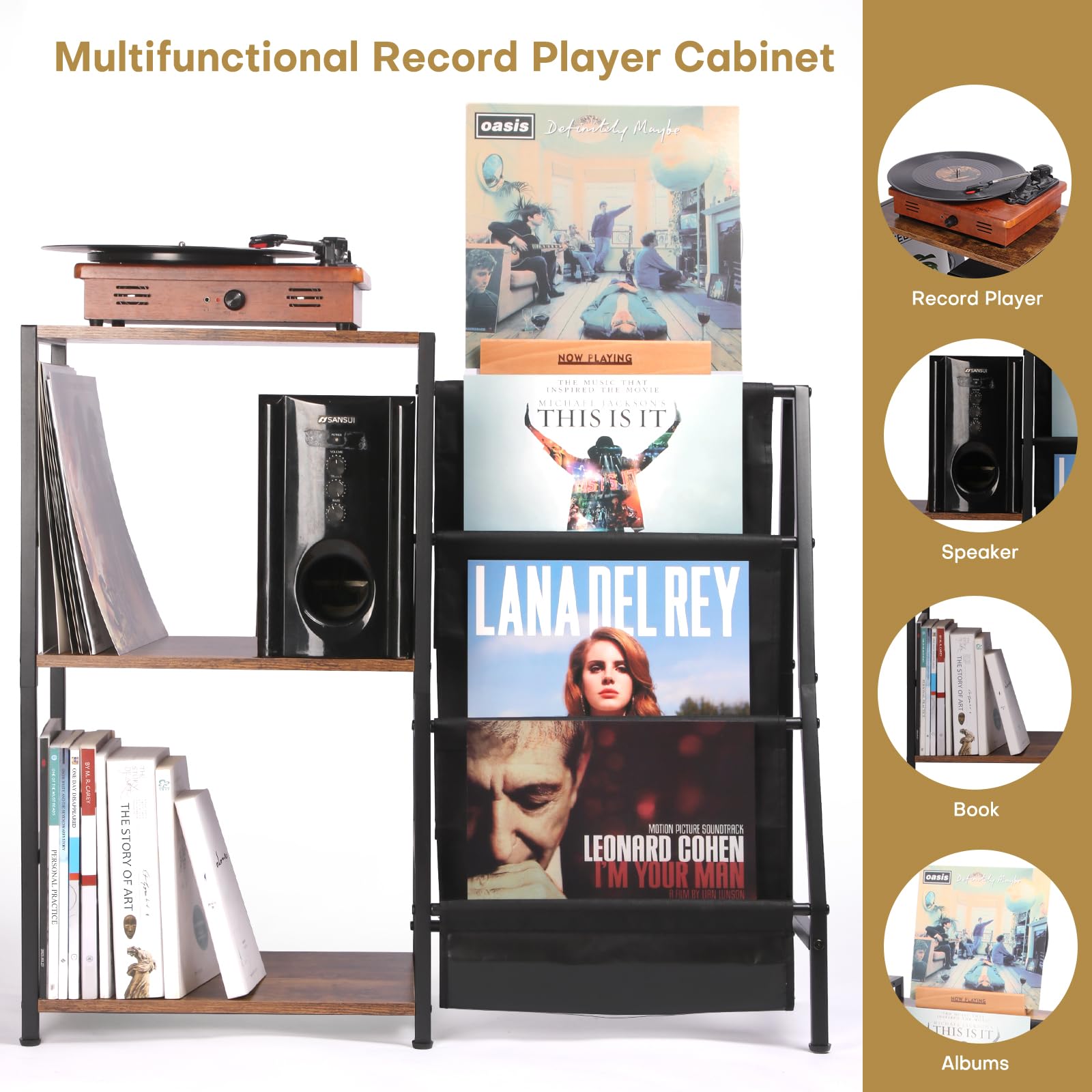 HYCFYJR Record Player Stand, 3-Tier Vinyl Record Storage, Turntable Stand with Now Playing Holder, Vinyl Display for Living Room, Grey & White