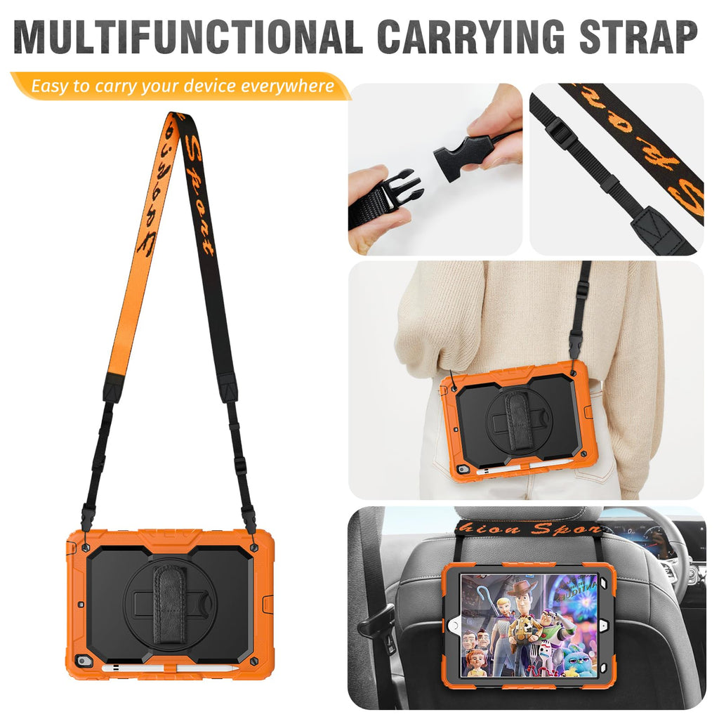 HXCASEAC Case for iPad 9th/8th/7th Generation 10.2 inch, with Pencil Holder, Screen Protector, Hand Strap, Heavy Duty Protective for iPad 9/8/7 Case 10.2-inch 2021/2020/2019, Orange