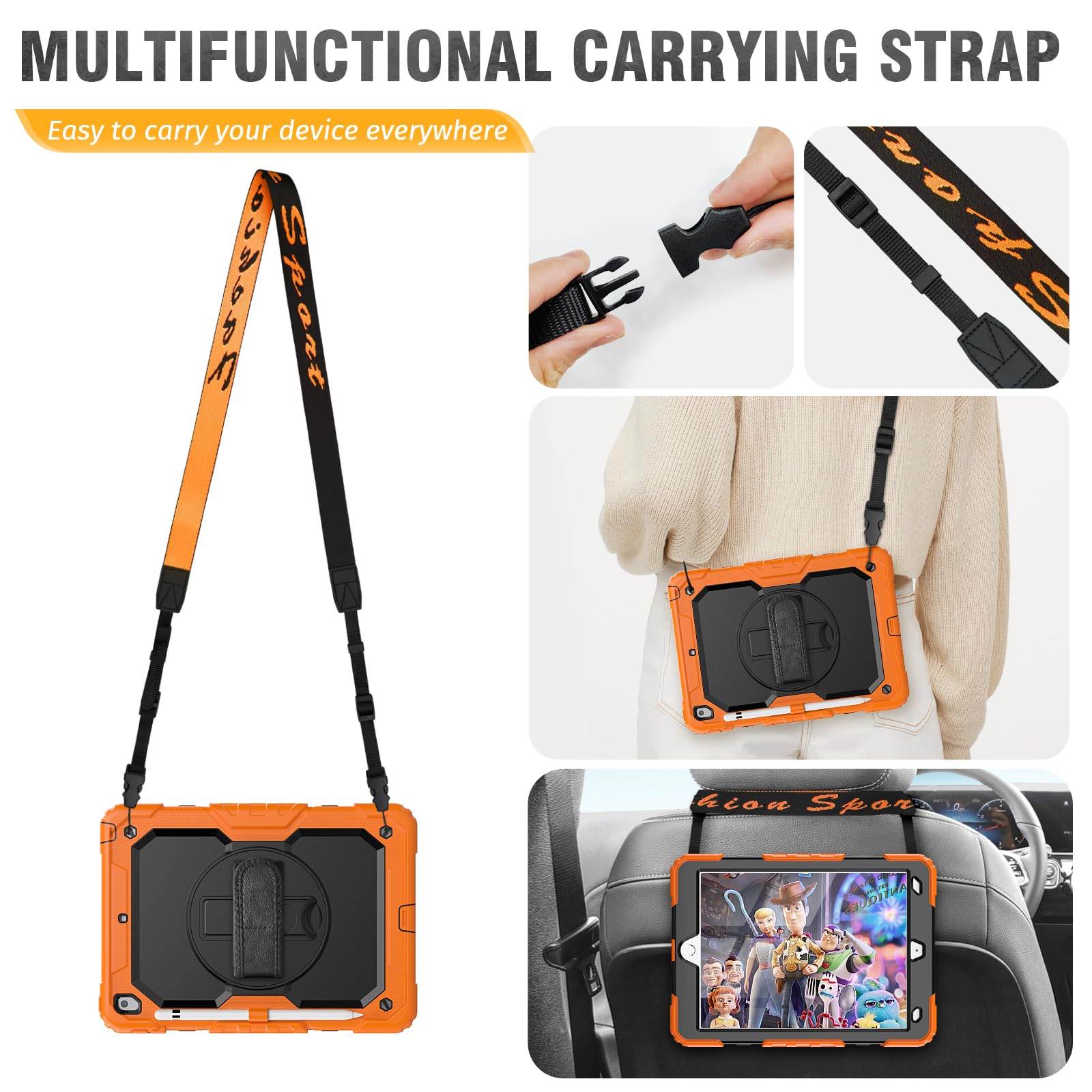 HXCASEAC Case for iPad 9th/8th/7th Generation 10.2 inch, with Pencil Holder, Screen Protector, Hand Strap, Heavy Duty Protective for iPad 9/8/7 Case 10.2-inch 2021/2020/2019, Orange