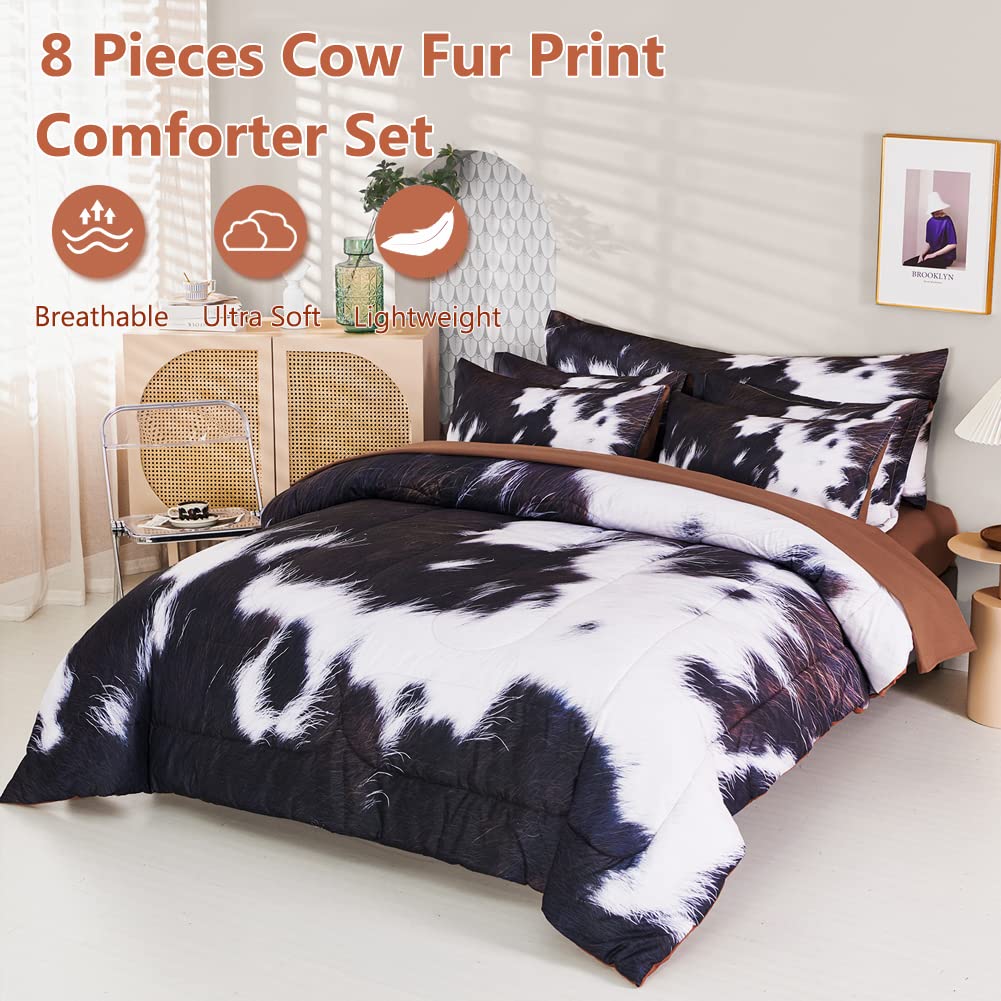 SUCSES Full Size Comforter Set with Sheets 8 Piece Cow Print Bedding Set for Boys Girls Black and White Kids Bed-in-A-Bag Farmhouse Rustic Bed Set for Bedroom (Milk Cow, Full)