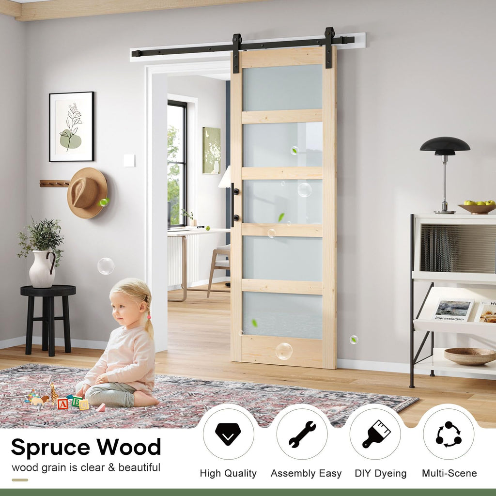 Double 18×84 inch Glass Sliding Barn Door Slab with 6.6ft Hardware Kit Included, 5-Panel Frosted Glass, Spruce Wood Support DIY Dyeing, Easy Assembly