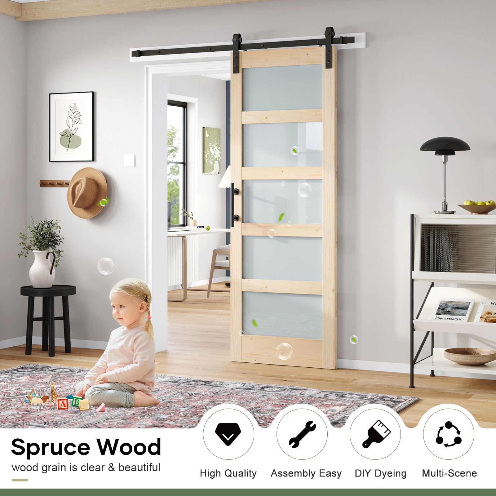 Double 18×84 inch Glass Sliding Barn Door Slab with 6.6ft Hardware Kit Included, 5-Panel Frosted Glass, Spruce Wood Support DIY Dyeing, Easy Assembly