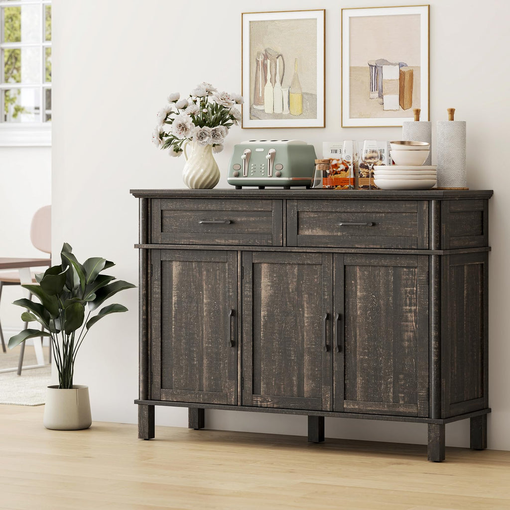 ONBRILL 48 Inches Buffet Cabinet with Storage, Farmhouse Sideboard Buffet w/2 Drawers and 3 Doors, Wood Coffee Bar Cabinet with Adjustable Shelves, Sideboard Storage for Kitchen, Living Room, Black