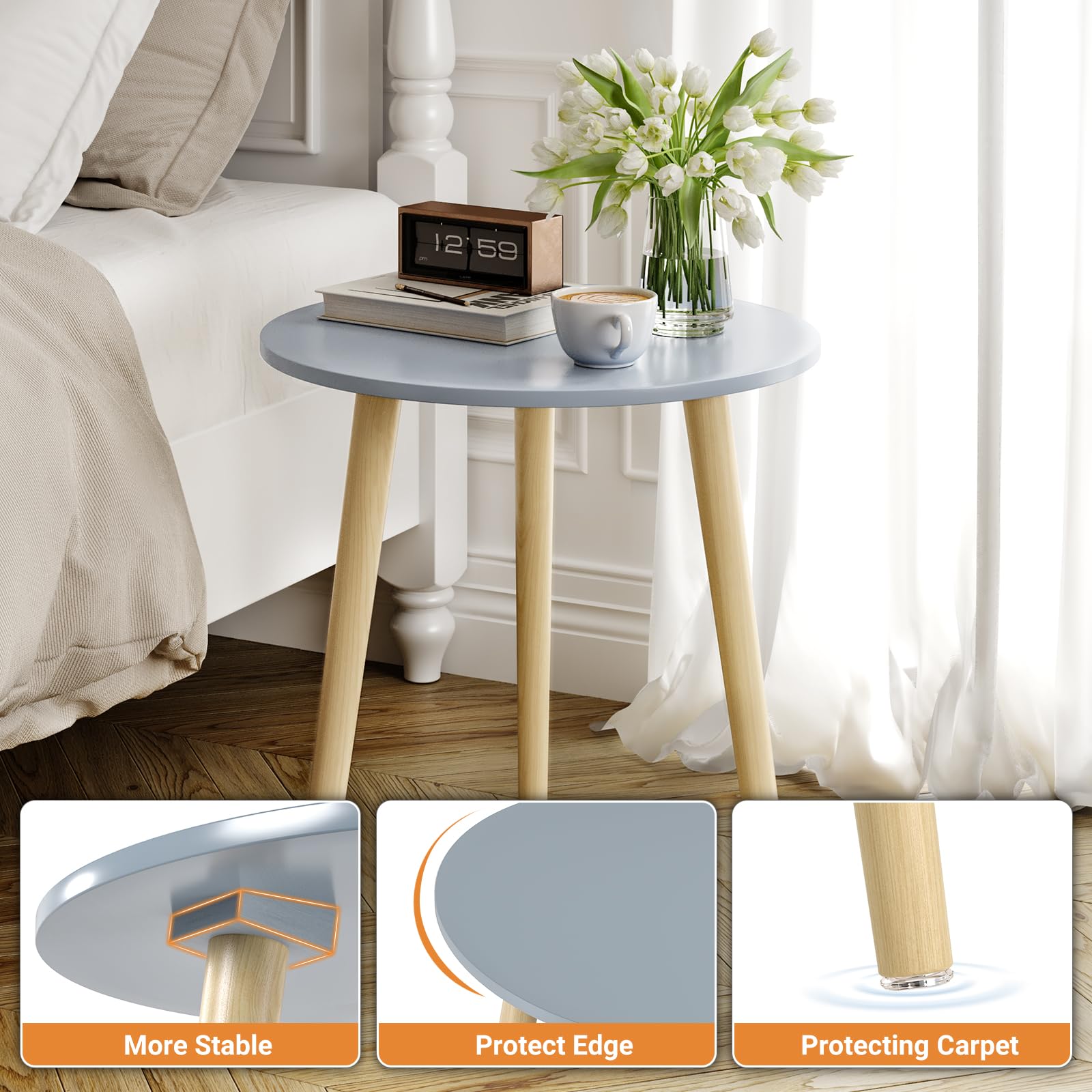 Apicizon Black Round Side Table, Black End Table Bedside Table Nursery with Wood Legs, Nightstand for Living Room, Bedroom, 16.5 x 20.5 Inches