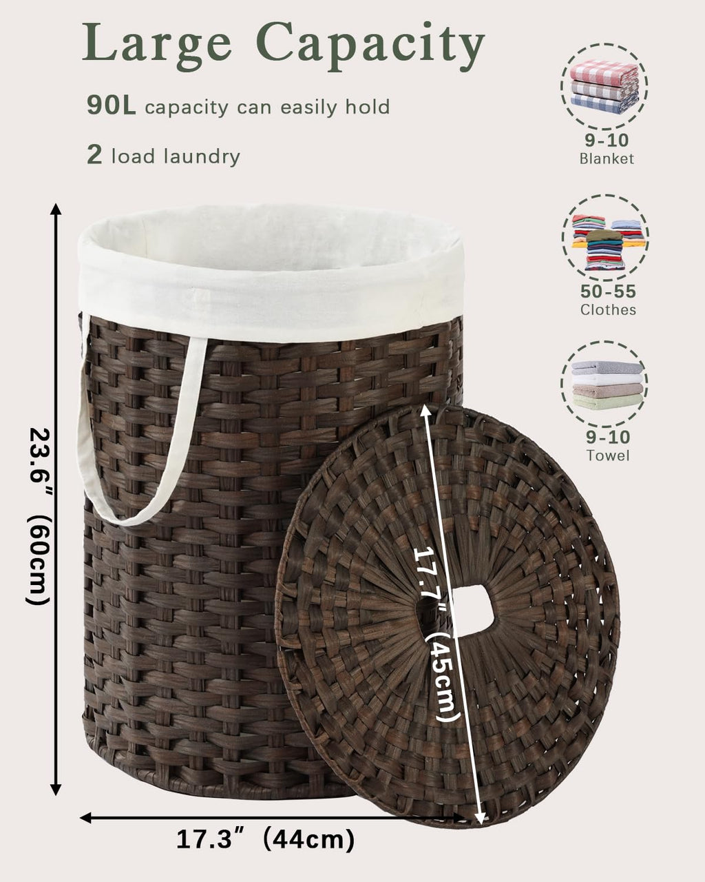 SETVSON Laundry Hamper with Lid Laundry Basket with Lid 19.0 Gal (72 L) Round Wicker Laundry Basket Handwoven Rattan Basket with Lid Removable Bag 2 Mesh Bags Handles for Living Room Bathroom Black