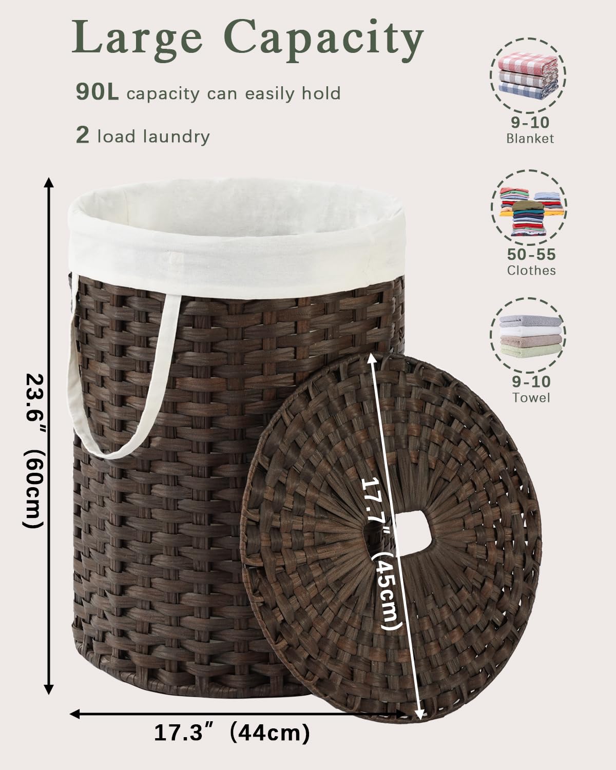 SETVSON Laundry Hamper with Lid Laundry Basket with Lid 19.0 Gal (72 L) Round Wicker Laundry Basket Handwoven Rattan Basket with Lid Removable Bag 2 Mesh Bags Handles for Living Room Bathroom Black