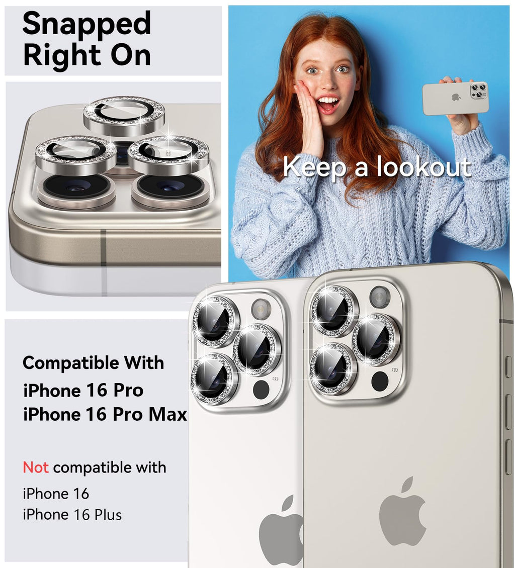 Matekxy Glitter Camera-Lens Protector for iPhone-16 Pro-Max - 16 Pro Anti-Scratch Tempered Glass with Aluminum Edging, Cute Girly Metal Individual Bling Ring Cover for Women, Black Titanium