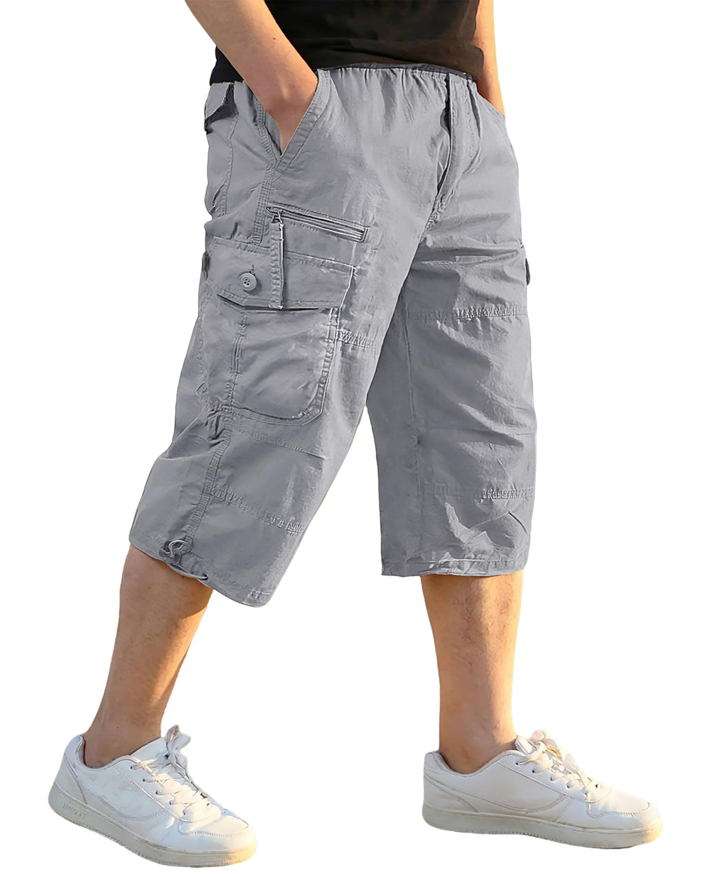 EKLENTSON Men's Cargo Shorts Casual Twill Elastic 3/4 Capri Pants Below Knee Long Shorts with 7 Pockets