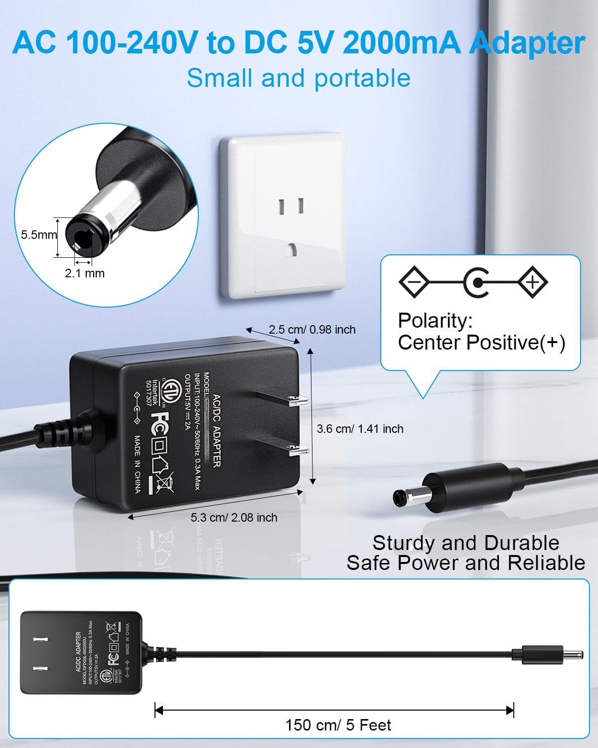 SoulBay 5V 2A Power Supply Adapter 10W AC100-240V to DC 5 Volt 2Amp Versatile Charger Cord with 8 Plugs for USB Hub TV Box Tablet Camera Speaker GPS Webcam Router and More 5vdc Electronics, 5FT