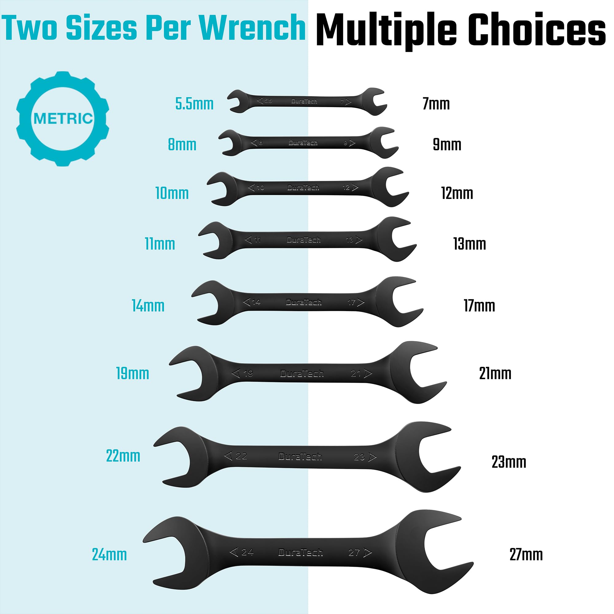 DURATECH Super-Thin Open End Wrench Set, Metric, 8-Piece, 5.5mm to 27mm, Black Electrophoretic Coating, with Rolling Pouch