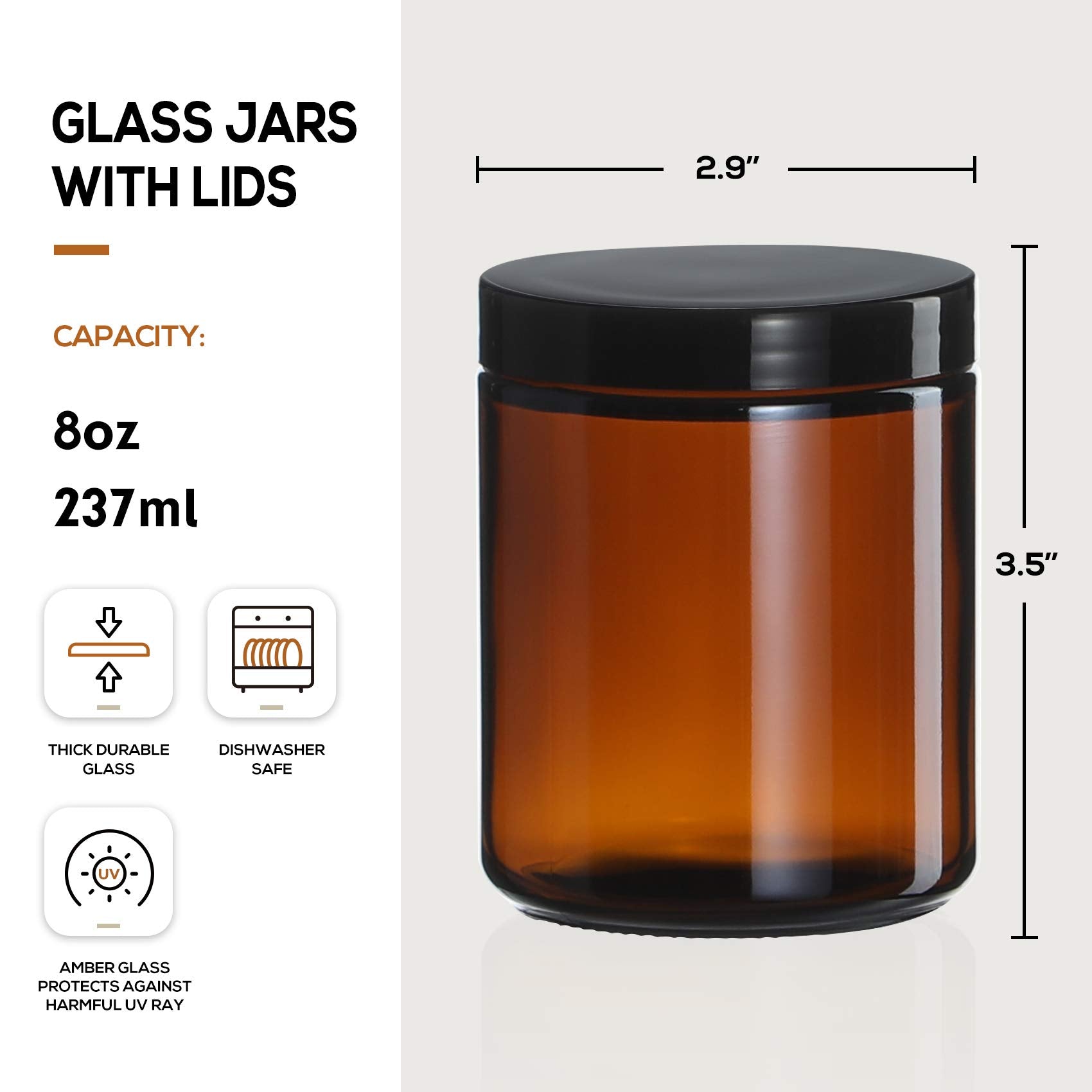 12 Pack, 8 OZ Dark Amber Candle Jars for Making Candle - Thick Glass Jars with 12 Metal & 12 Plastic Lids - Empty Round Food Storage Containers, Canning Jar For Spice, Liquid, Sample - Food Grade