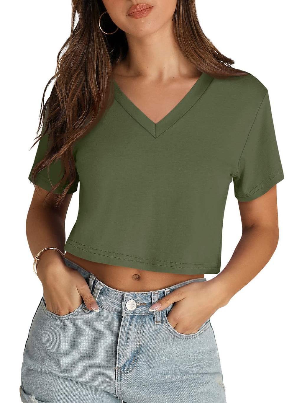 Womens Crop Tops Summer Baisc Tees V Neck T Shirts Casual Short Sleeve Cropped Top 2026