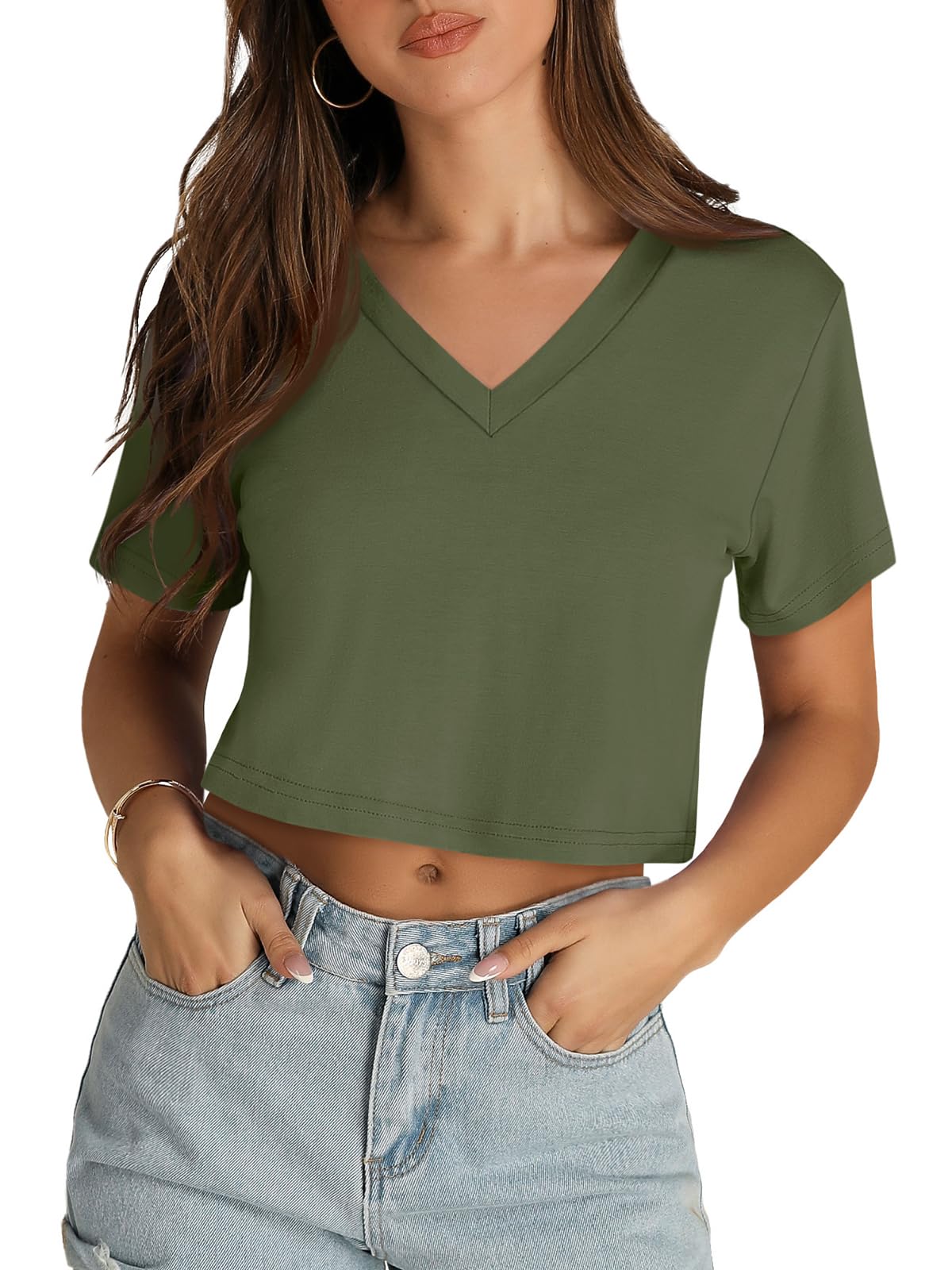 Womens Crop Tops Summer Baisc Tees V Neck T Shirts Casual Short Sleeve Cropped Top 2026