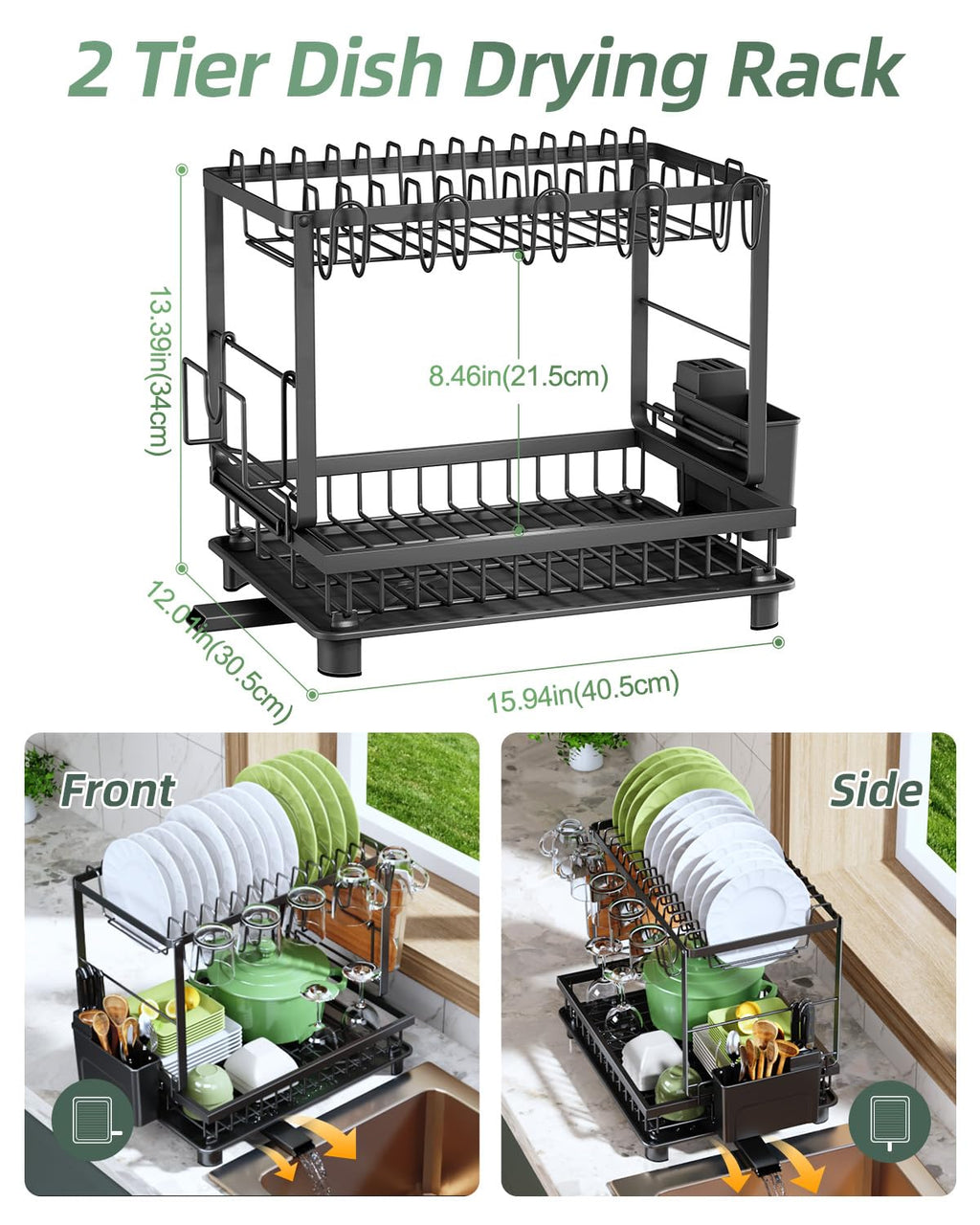 Dish Drying Rack, 2 Tier Space-Saving Dish Rack, Multifunctional Dish Drainer for Kitchen Counter with Drainboard/Utensil/Cup Holder Rustproof Carbon Steel, Black