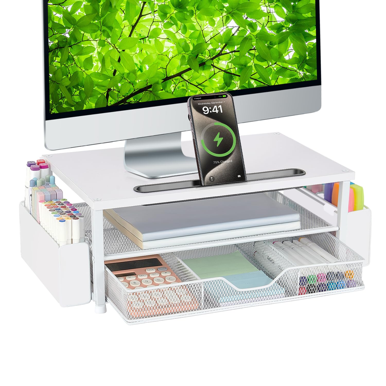 AUPSEN 2 Tier Computer Monitor Stands with Drawer and 2 Pencil Holder, Metal Monitor Stand Monitor riser, Computer Desk Organizer and Accessories for Laptop, Computer, Printer, Office Supplies(Black)