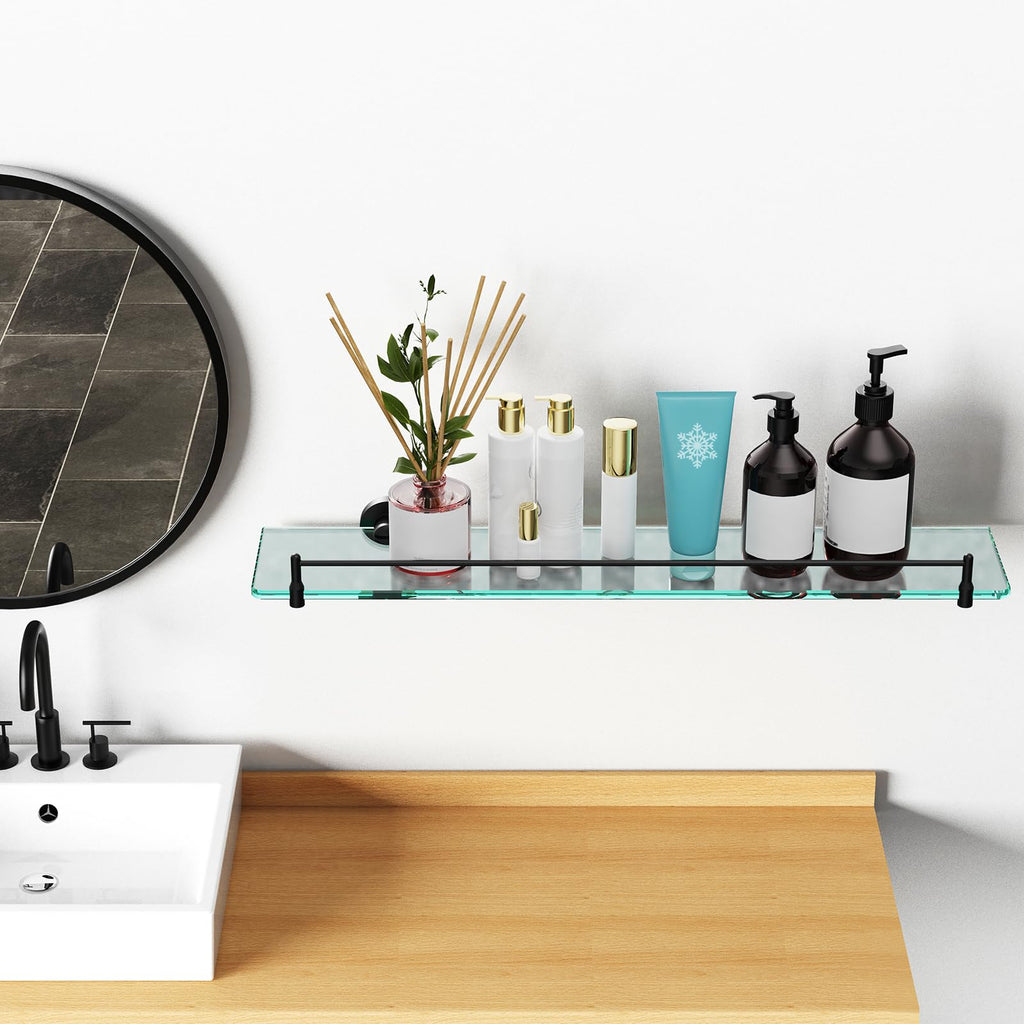 Glass Bathroom Shelves,Brushed Gold Floating Shelves for Wall Rectangular Modern Stainless Steel Glass Shelf for Bathroom Shelves wall Mounted 16 Inch